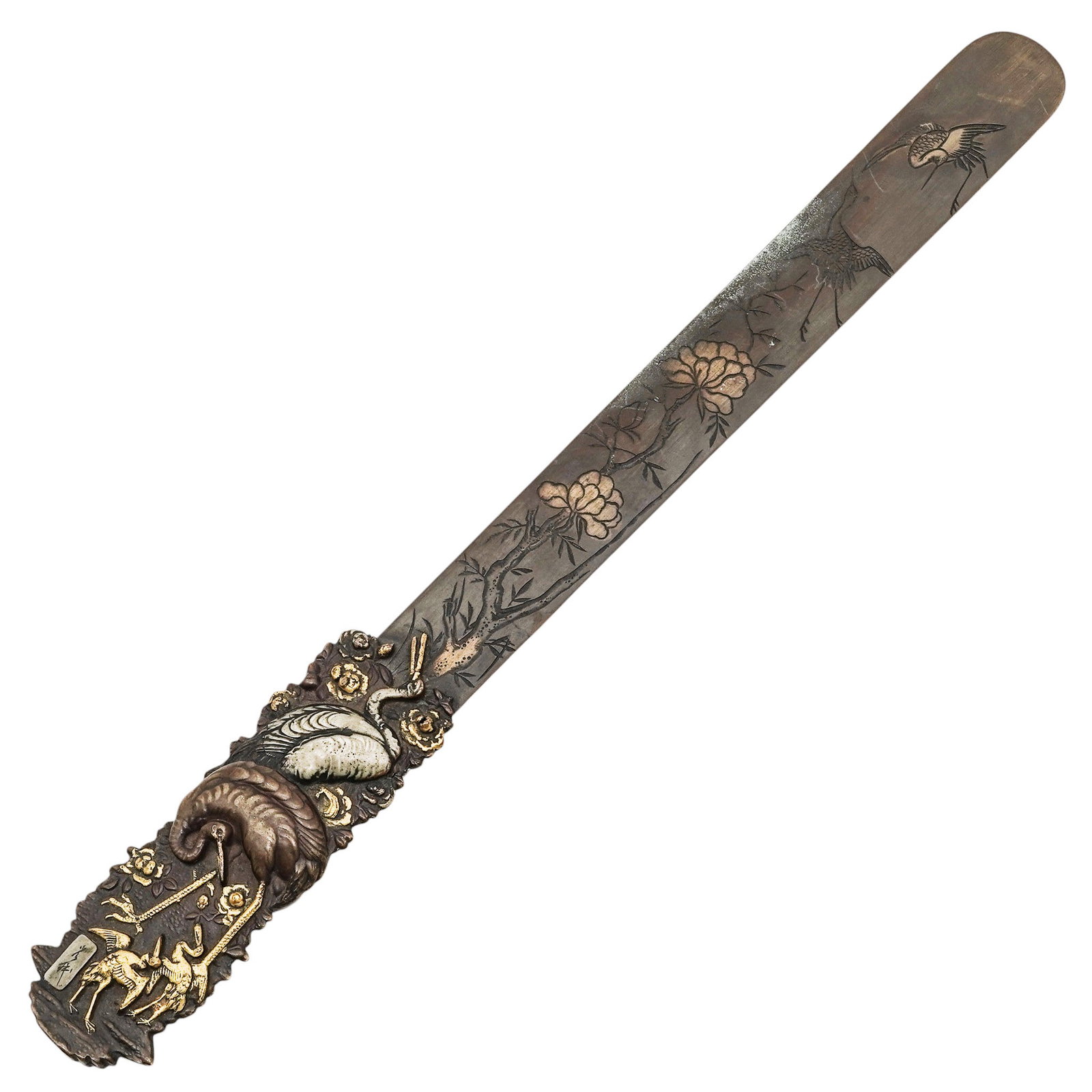 Japnese Meiji Yasuaki Figural Crane Bronze Page Turner: Japnese Meiji Yasuaki Figural Crane Bronze Page Turner c. 1868–1912, Japanese The signature plaque on the handle consists of two kanji characters incised in a cursive artistic script (known as Gyosh
