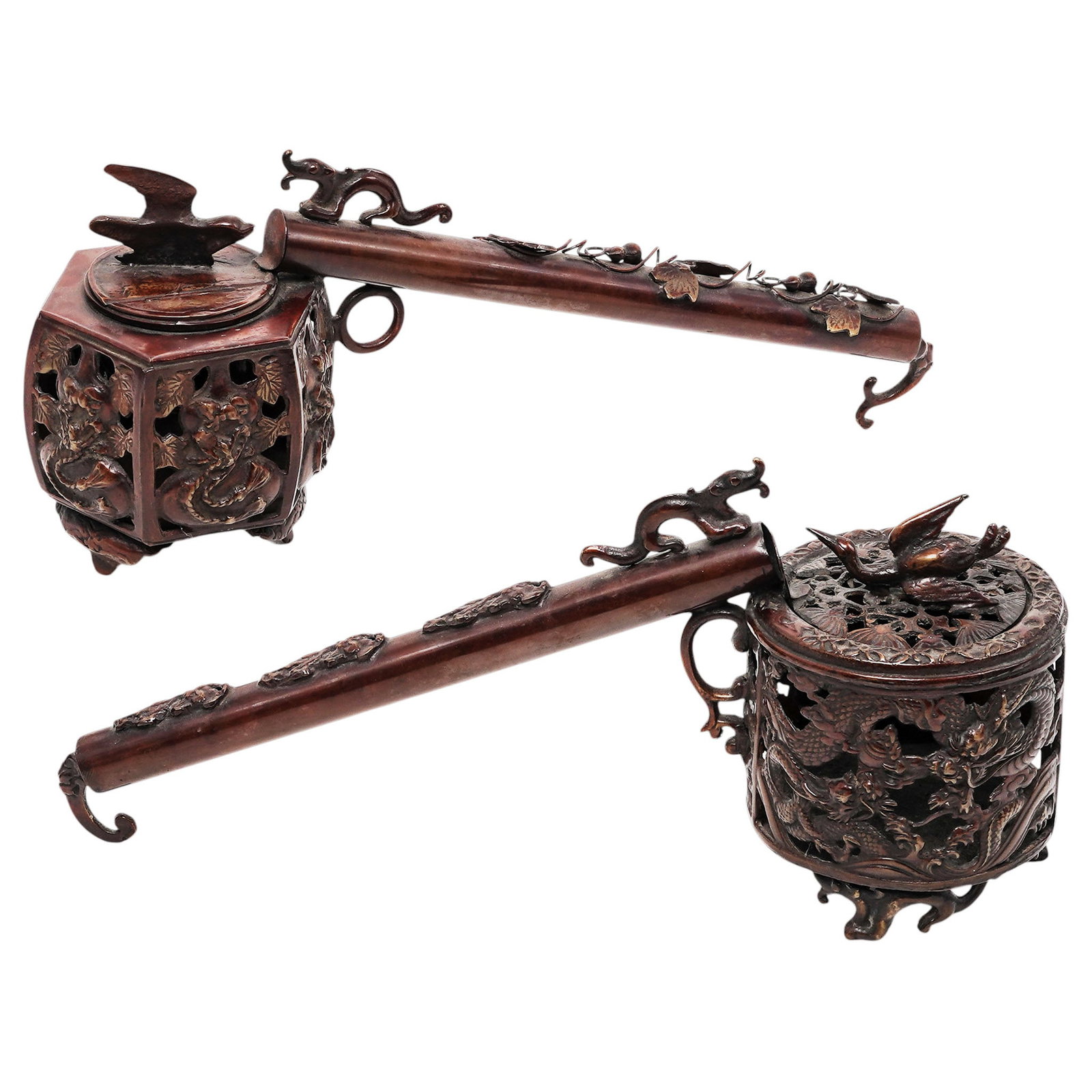 (2 pc) Japanese Meiji Bronze Yatates, Marked: (2 pc) Japanese Meiji Bronze Yatates, Marked Circa 1868-1912. Japanese These objects are traditional portable writing sets, each containing a hollow tube designed to carry a calligraphy brush (fude) s