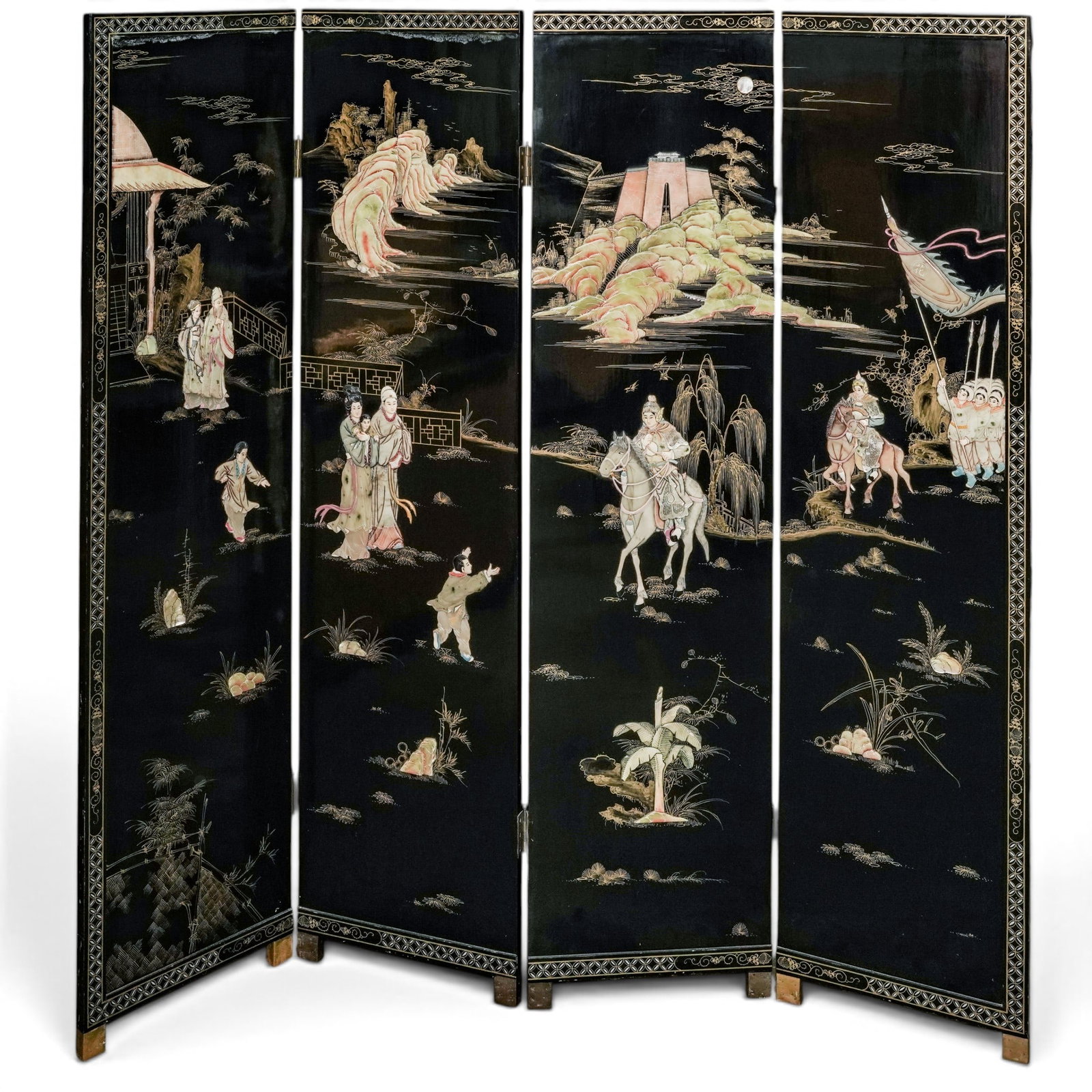 Chinese Lacquered Wood & Stone Screen (1 of 9)