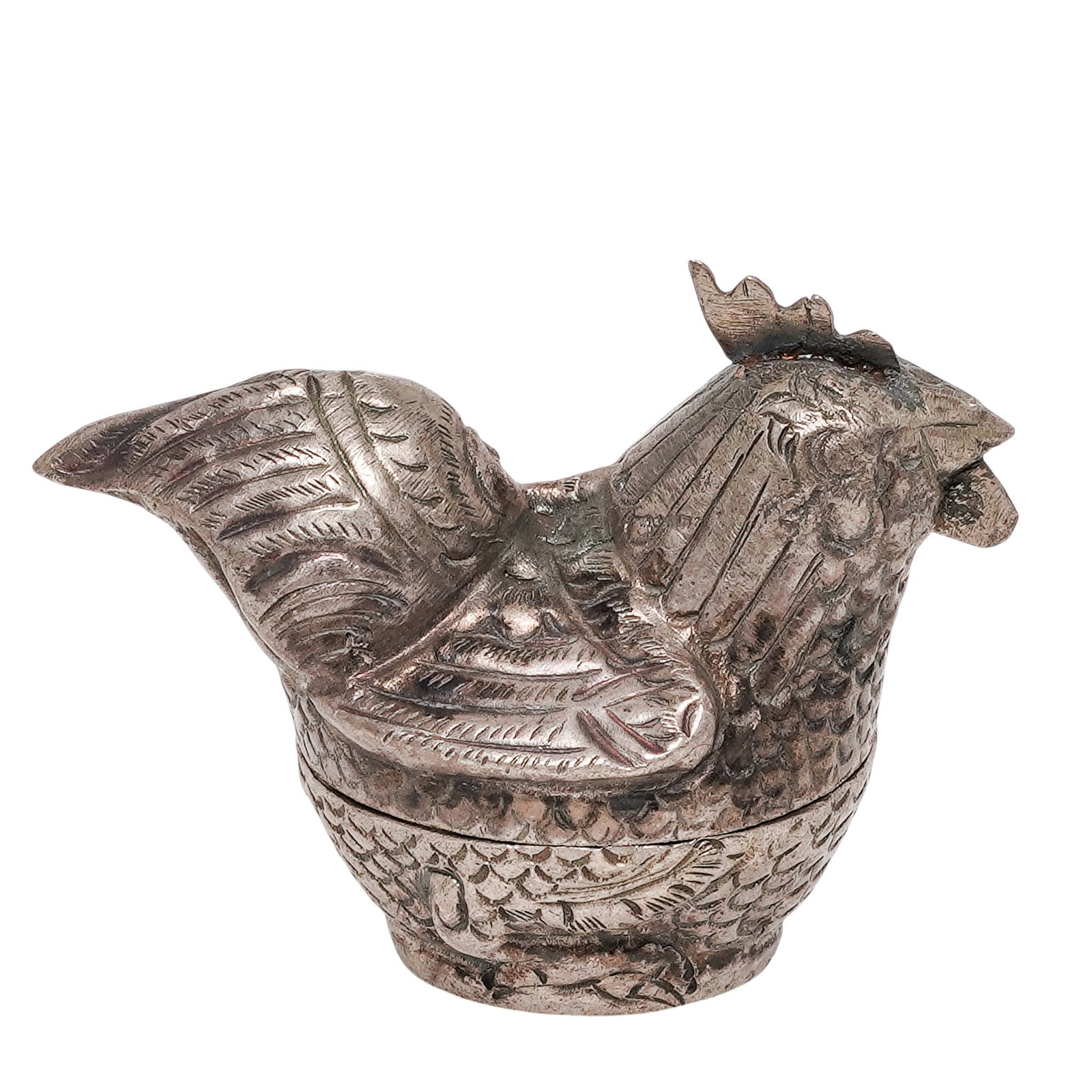 Khmer Silversmiths 900 Silver Cambodian Rooster Betel Nut Box: Khmer Silversmiths 900 Silver Cambodian Rooster Betel Nut Box 20th century, Cambodia 900 Silver Cambodian Rooster Betel Nut Box. Detailed, hand-tooled rooster form featuring engraved feathers and a tw