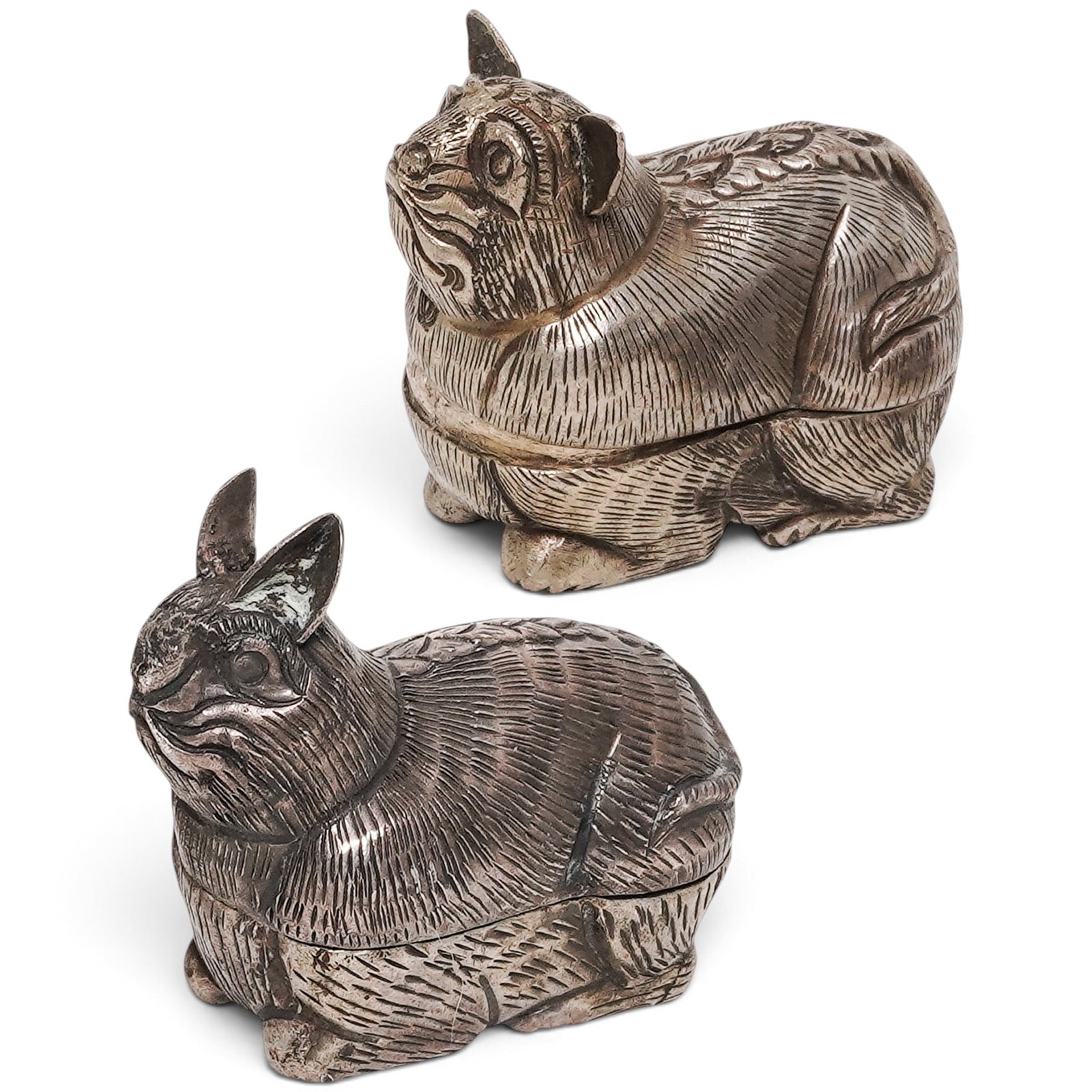 (2) Khmer Silversmiths 900 Silver Cambodian Boxes: (2) Khmer Silversmiths 900 Silver Cambodian Boxes 20th century , Cambodia (2 Pcs) Animal 900 Silver Boxes. Detailed, hand-tooled figurines form featuring engraved feathers and a two-piece hollow const