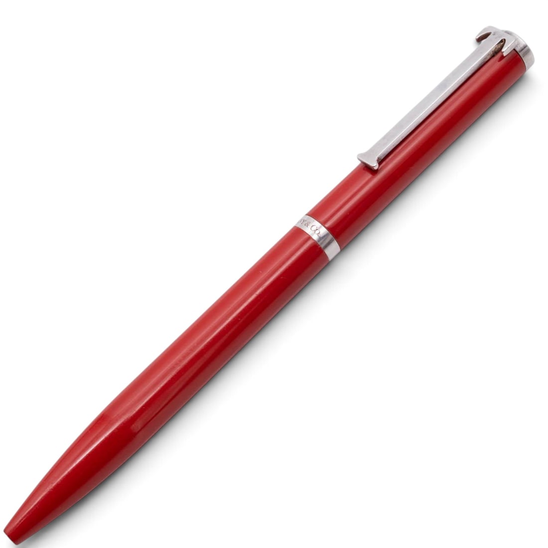 Tiffany & Co. T-Clip Ballpoint Pen: Tiffany & Co. T-Clip Ballpoint Pen Late 20th century, American This is a vintage Tiffany & Co. T-Clip (also known as the Executive) ballpoint pen featuring a vibrant red lacquer finish over brass. Mar