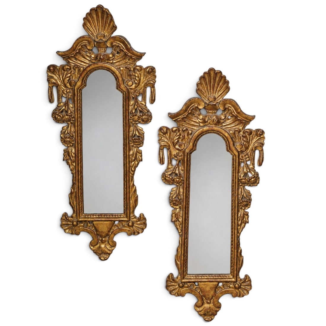 Pair Of Italian Rococo-Style Gilt Wood Mirrors: Pair Of Italian Rococo-Style Gilt Wood Mirrors Late 19th to early 20th. Italian Matching pair of antique Italian Rococo Revival vertical pier mirrors. Designed with a timeless Florentine aesthetic, ea