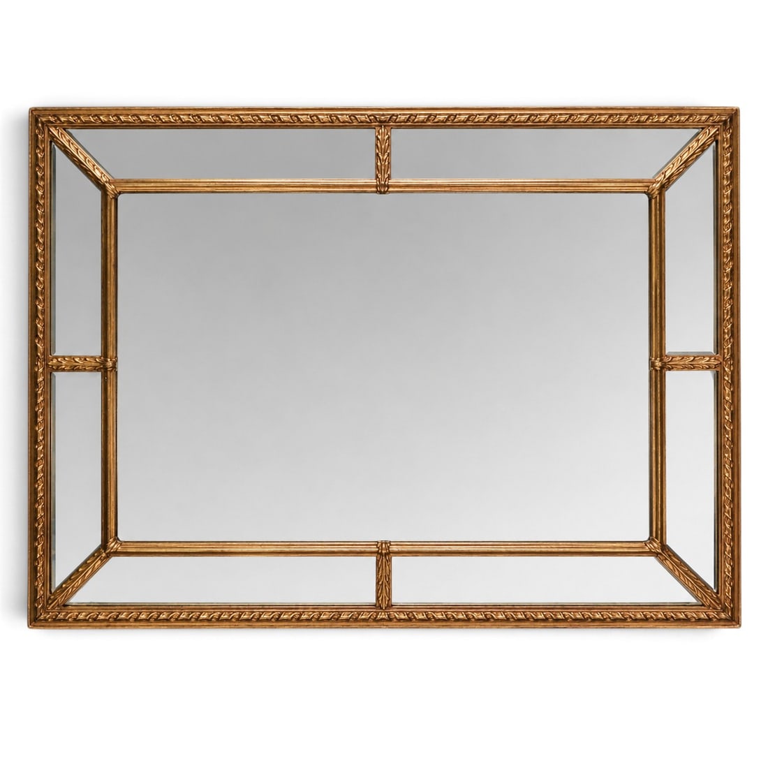 Contemporary Gilt Wood Wall Mirror: Contemporary Gilt Wood Wall Mirror Late 20th-21st Century, USA A contemporary segmented mirror with rectangular beveled frame, molded gilt wood decoration, and geometric crossbar detailing. The mirror