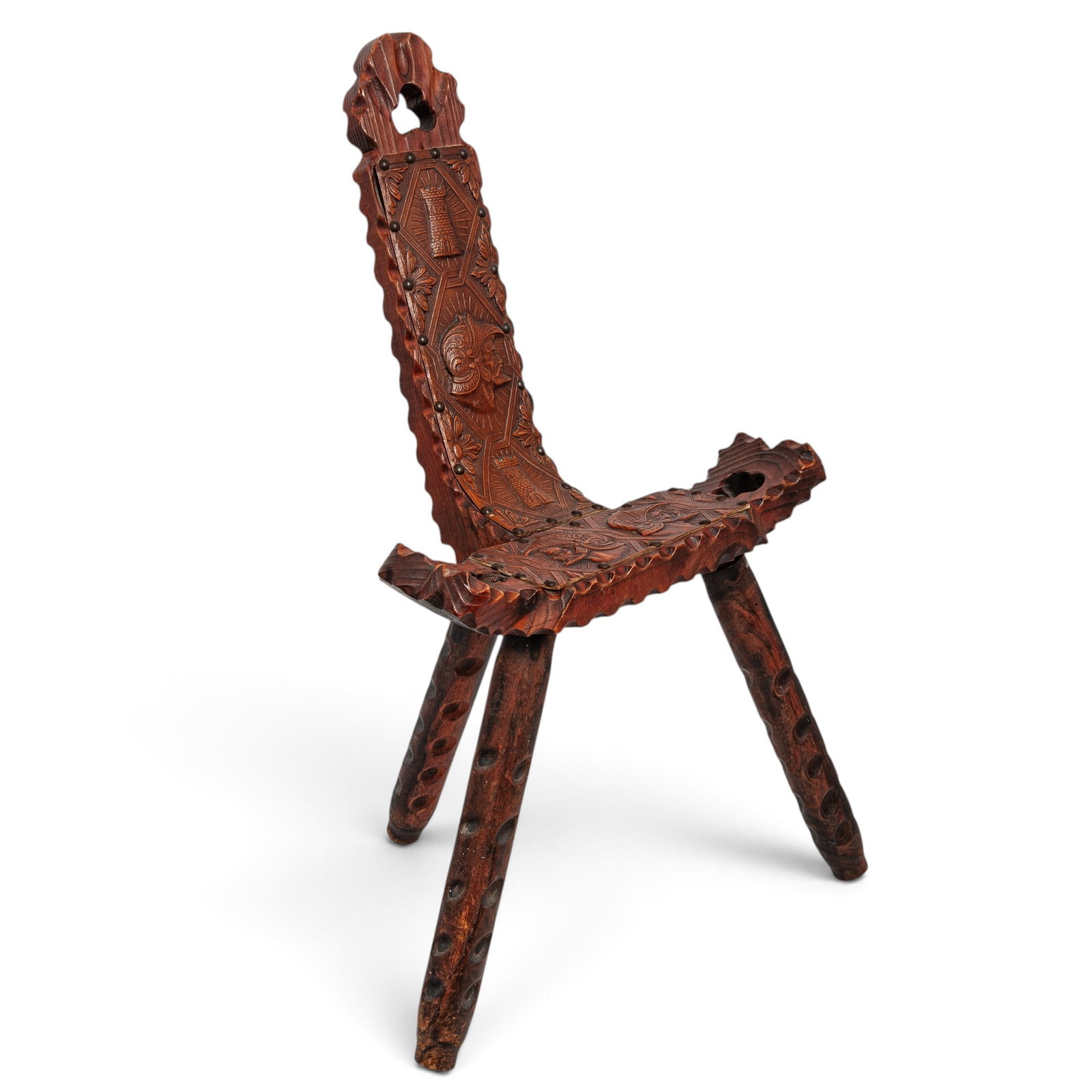 Spanish Carved Wood & Embossed Leather Birthing Chair (1 of 15)