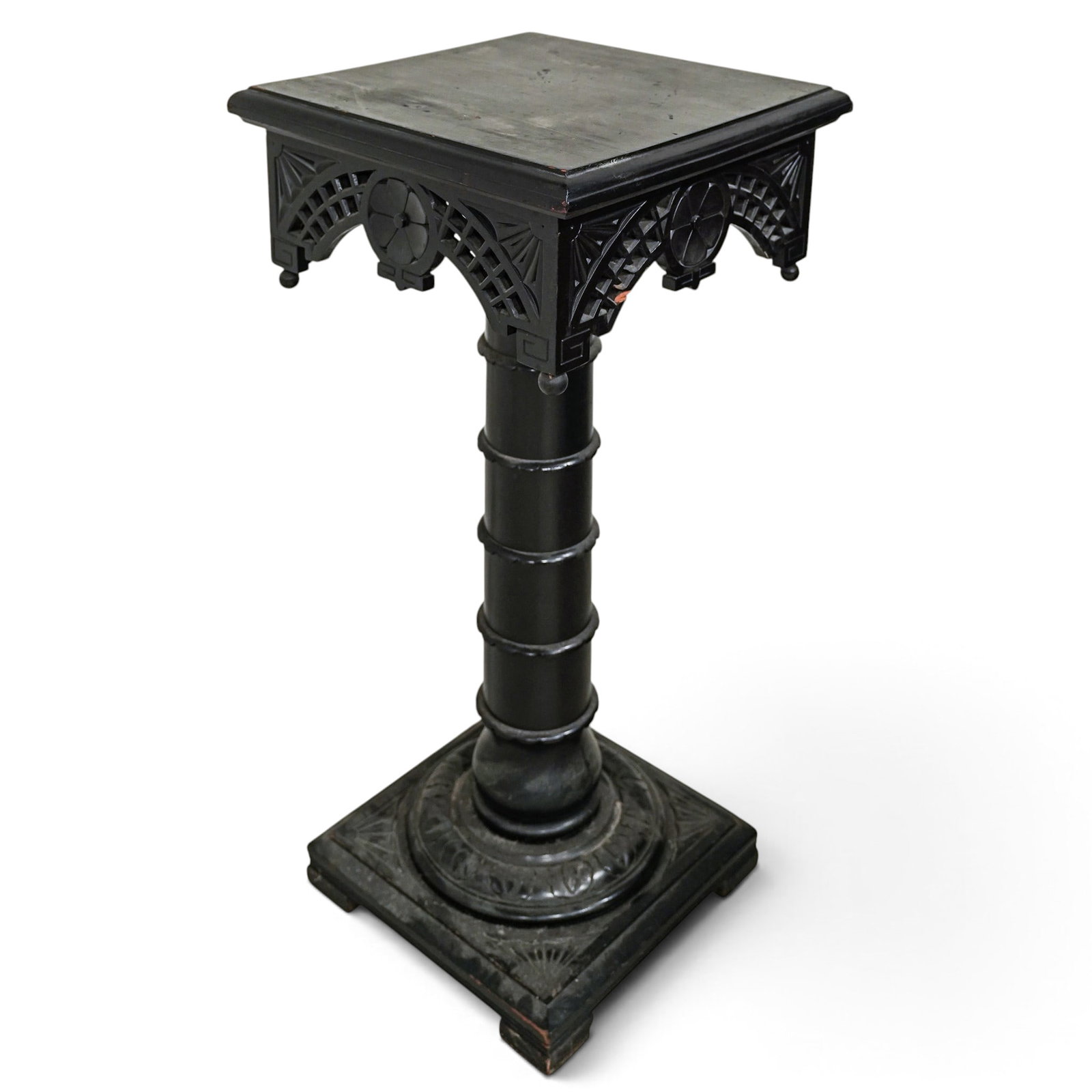 Aesthetic Movement Gothic Ebonized Wood Pedestal: Aesthetic Movement Gothic Ebonized Wood Pedestal 19th century, American An Aesthetic Movement ebonized wood (likely walnut) pedestal in the American "Modern Gothic" genre. The square overhanging top w