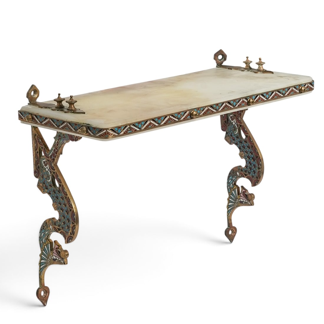 Antique French Onyx & Champleve Wall Shelf: Antique French Onyx & Champleve Wall Shelf Late 19th - Early 20th Cent, France Antique French wall shelf, crafted from white onyx, framed by brass with colorful champleve geometrical motif. Atop the b