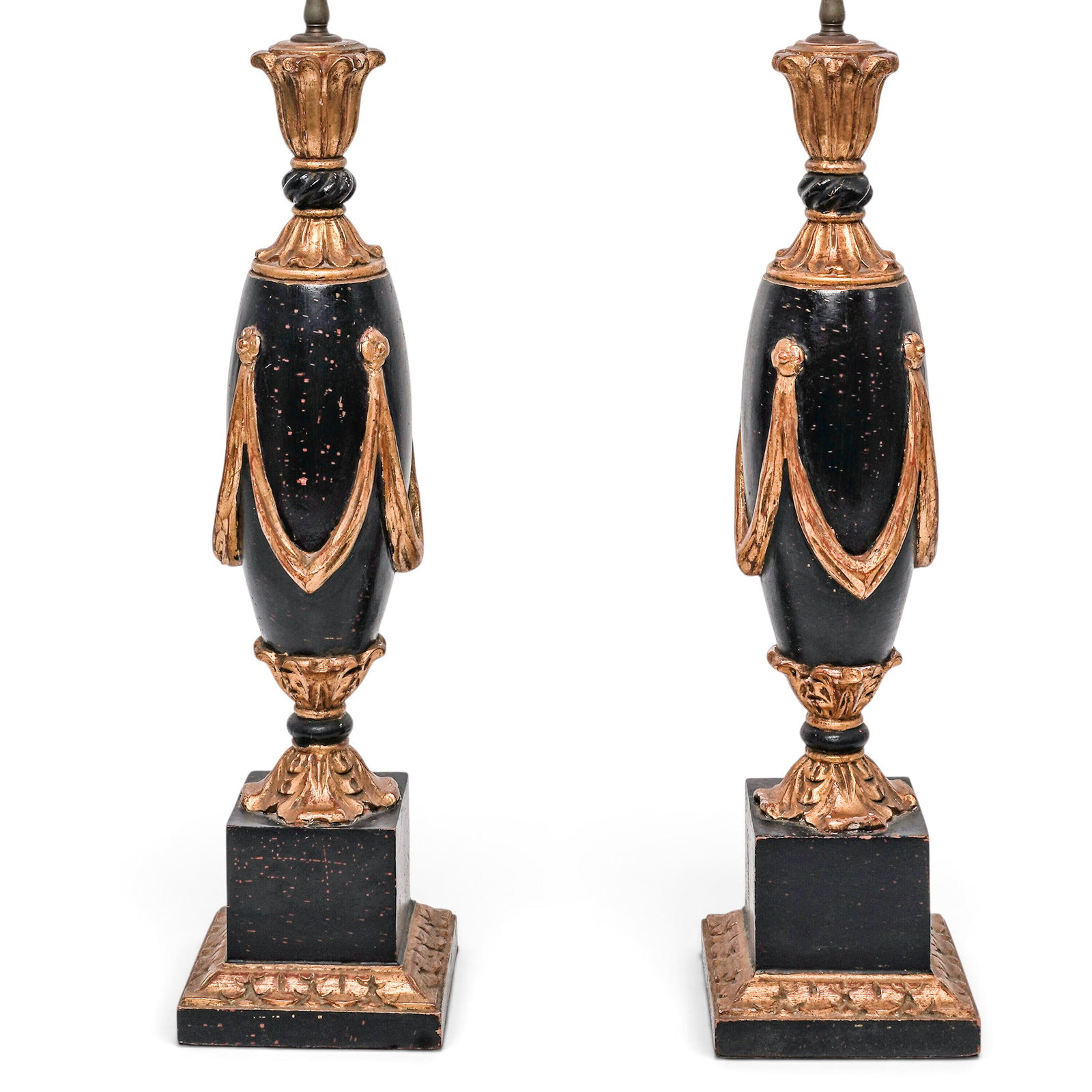 Pair Neoclassical Gilt Wood Table Lamps: Pair Neoclassical Gilt Wood Table Lamps Late 19th - Early 20th Cent, Likely France This pair of Neoclassical style French table lamps features urn-shaped bodies crafted from black lacquer and gilt woo