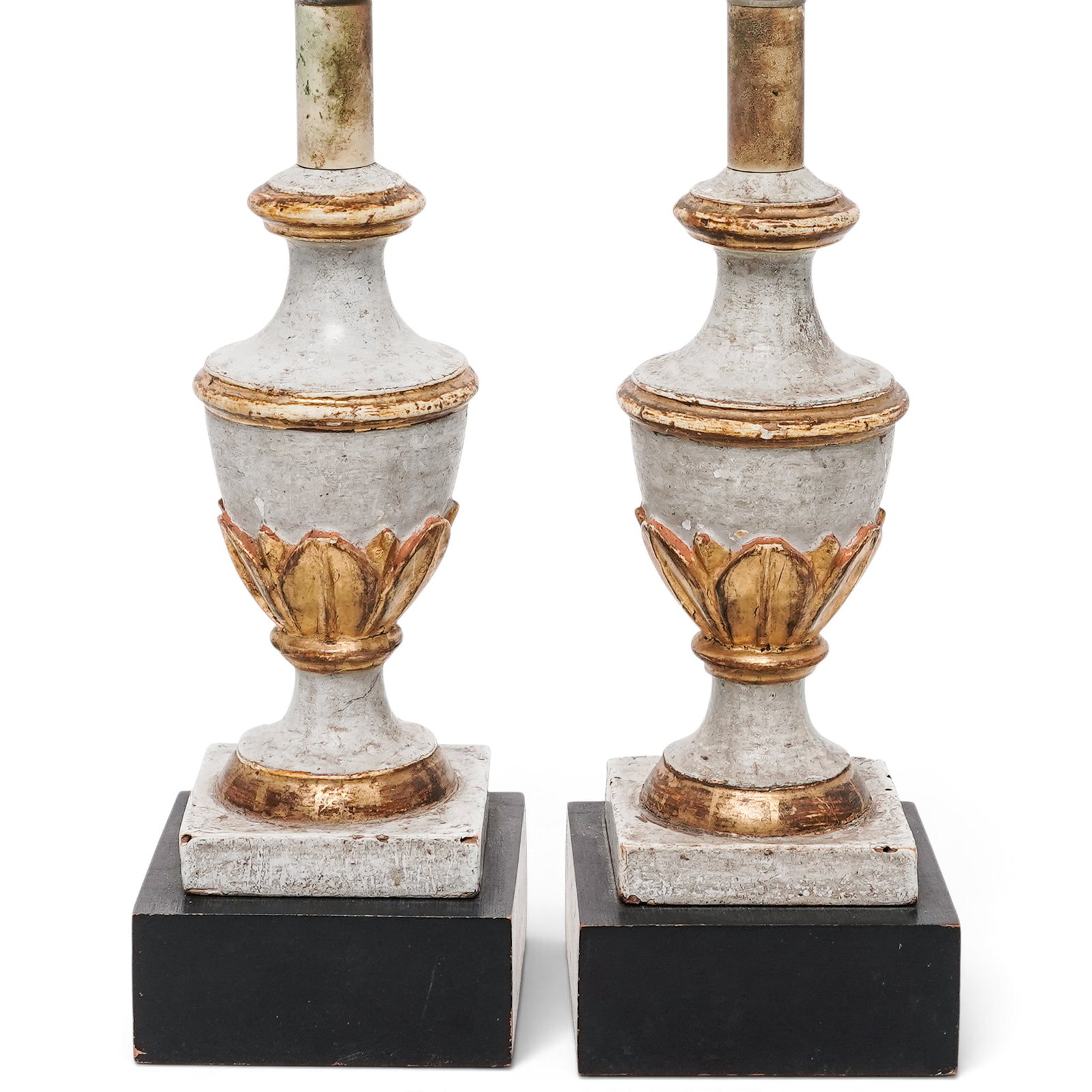 Pair Neoclassical Gilt Wood Table Lamps: Pair Neoclassical Gilt Wood Table Lamps Late 18th - 19th Cent, Likely France/Italy This pair of vintage Italian Neoclassical gilt wood table lamps features urn-shaped bodies with an antiqued, distress