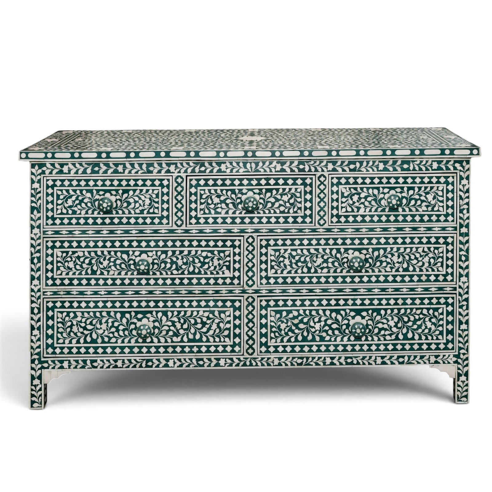 Vintage Bone Inlay and Wood Dresser: Vintage Bone Inlay and Wood Dresser Late 20th Century, Continental Handcrafted dresser featuring an intricate green and white bone inlay design arranged in scrolling floral and geometric motifs across