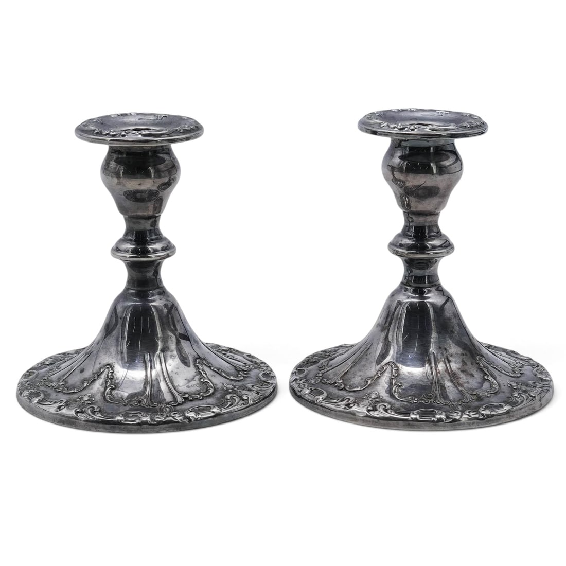 Pair of Gorham "Chantilly" Silver Plated Candlestick Holders: Pair of Gorham "Chantilly" Silver Plated Candlestick Holders 20th century, USA Vintage pair of Gorham "Chantilly" silver plated console candlestick holders. These ornate, low-profile taper holders fea