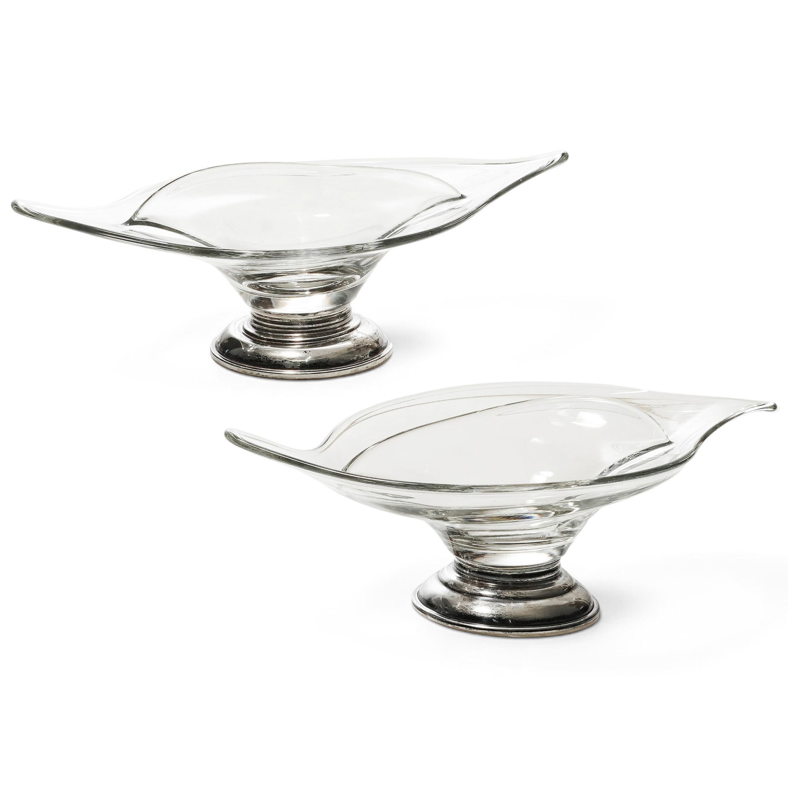 Pair of Sterling & Crystal Divided Relish Dishes: Pair of Sterling & Crystal Divided Relish Dishes Mid 20th Cent.,American Matching pair of Mid-Century modern divided relish dishes. Crafted with an organic leaf silhouette, each dish features a centra