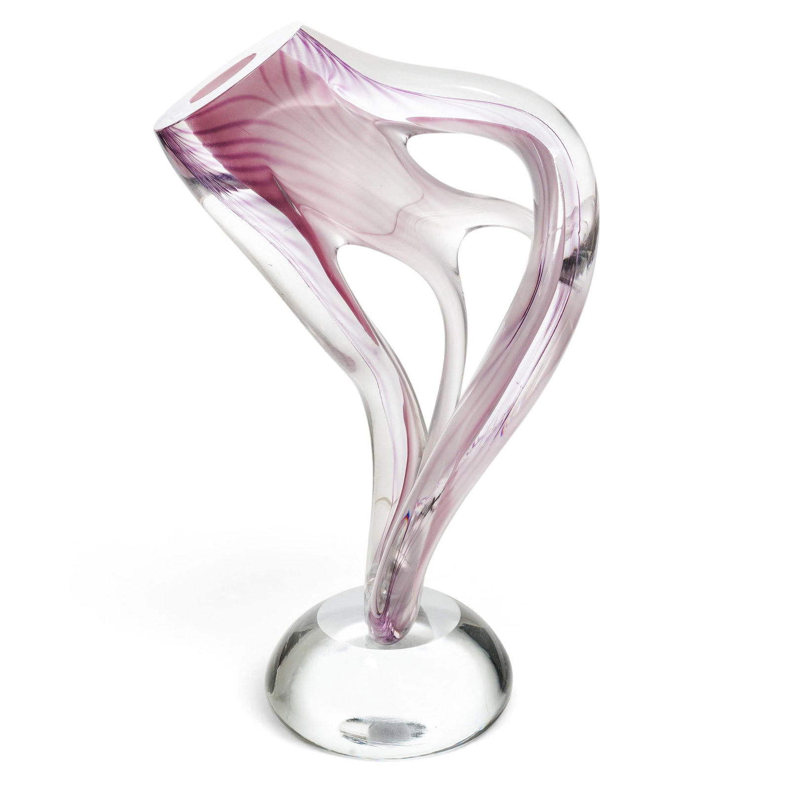 Neil Duman (American b. 1955) Art Glass Sculpture: Neil Duman (American b. 1955) Art Glass Sculpture c. 1986, USA Neil Duman large art glass sculpture titled "Bent Pierced Amethyst Pulled Feather". It is a rare, large, hand-blown piece featuring a cle