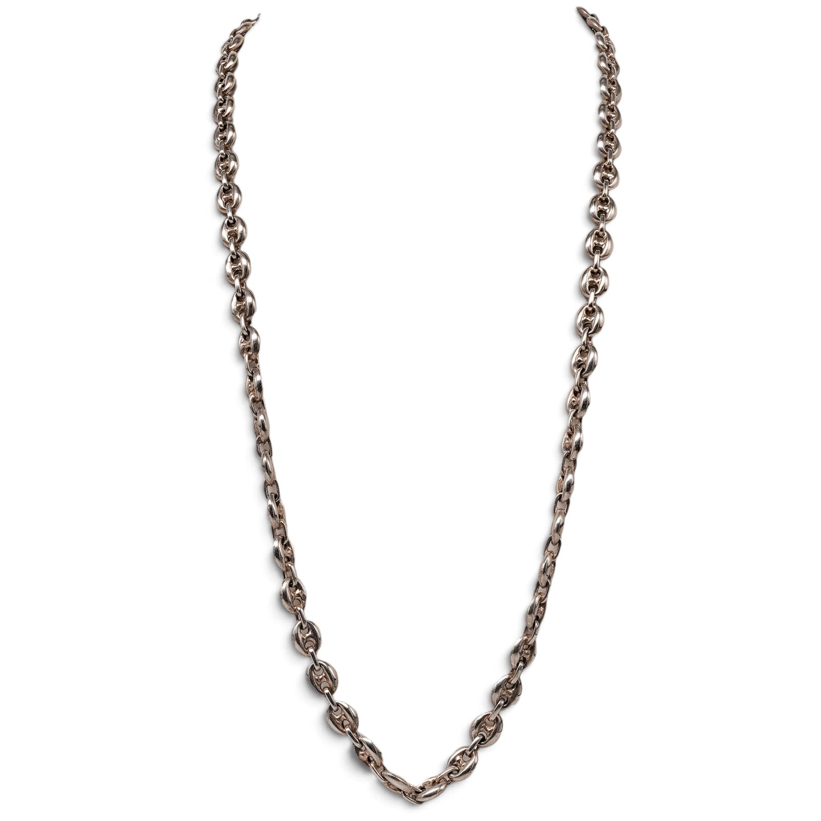 Gucci Link 800 Silver Necklace: Gucci Link 800 Silver Necklace Contemporary 800 silver necklace, designed with a continuous mariner link chain and circular clasp closure. Stamped 800. Total weight: 42.8 Grams. Necklace: 26", Width: 