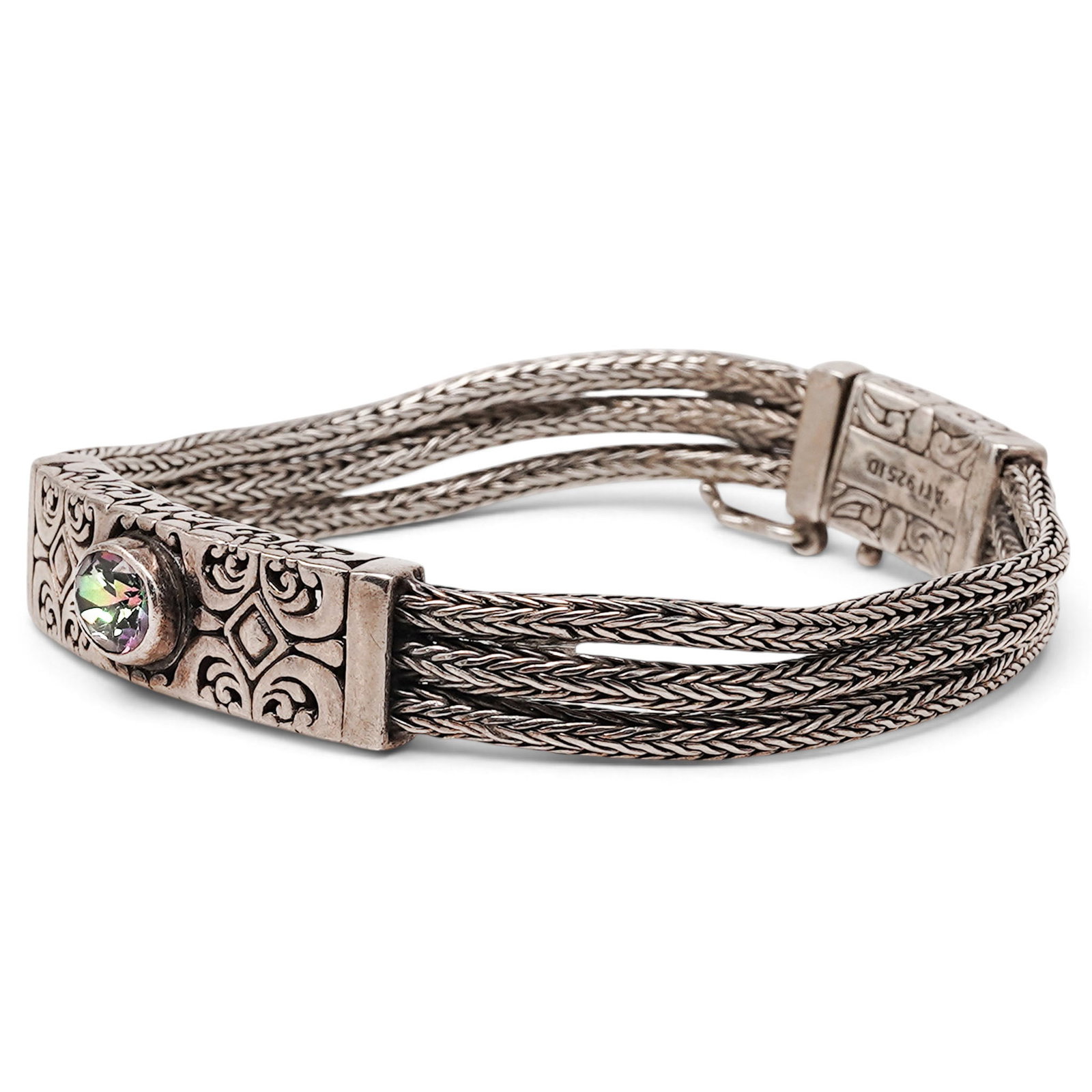Annika Witt Sterling Silver & Mystic Topaz Multi-Strand Bracelet: Annika Witt Sterling Silver & Mystic Topaz Multi-Strand Bracelet Contemporary, Indonesian Annika Witt sterling silver Bali-style bracelet, designed with four woven Spiga chain strands joined by ornate