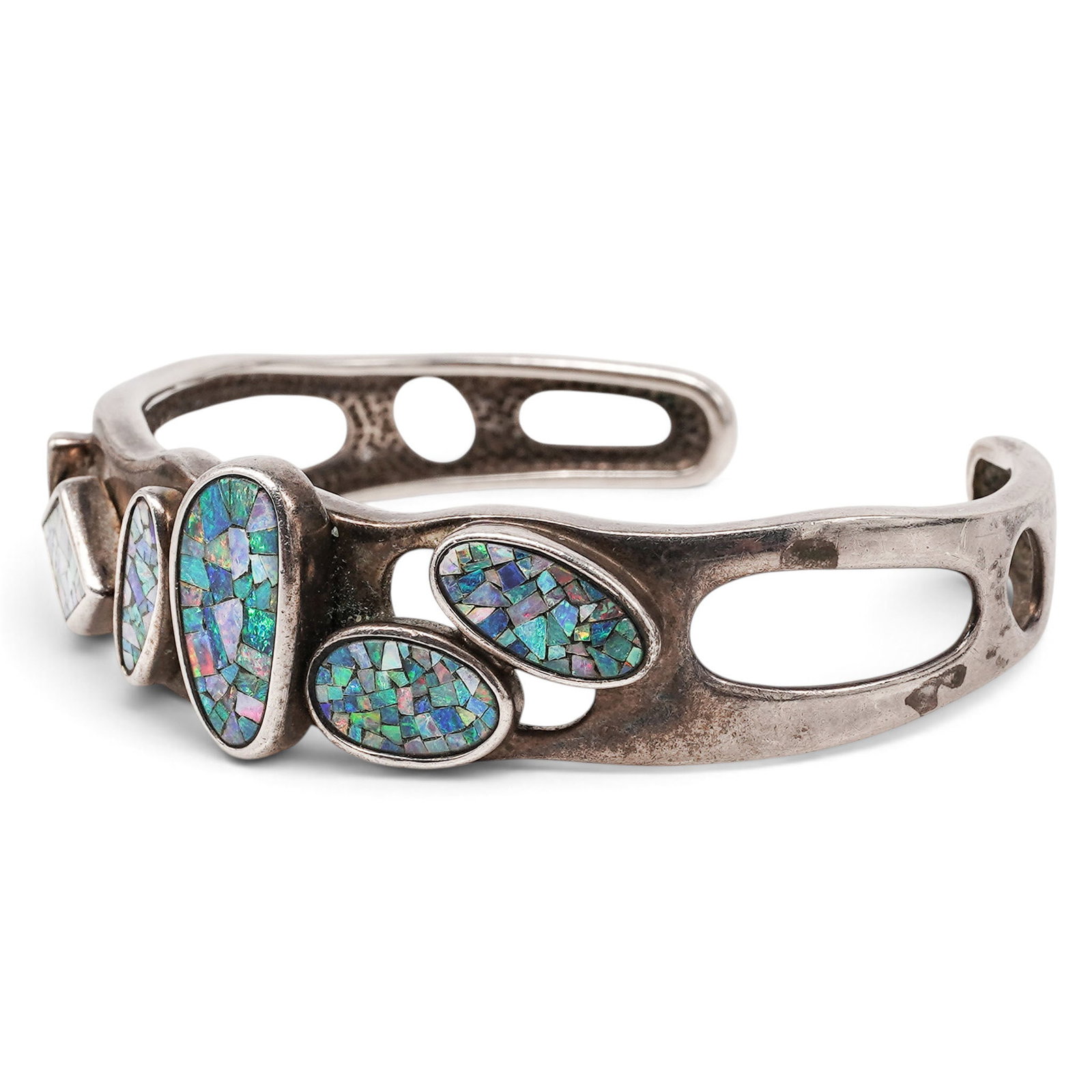 Whitney Kelley Sterling Silver & Blue Opal Mosaic Cuff Bracelet: Whitney Kelley Sterling Silver & Blue Opal Mosaic Cuff Bracelet Contemporary, Chinese Whitney Kelley sterling silver cuff bracelet, designed with an openwork band and raised bezel-set geometric panels