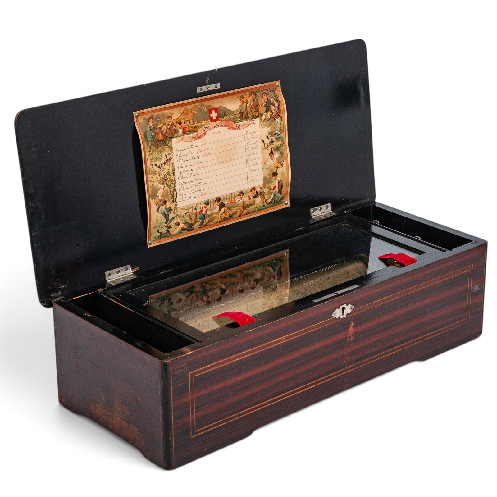 Antique Swiss Cylinder Music Box: Antique Swiss Cylinder Music Box 19th century, Swiss Antique Swiss cylinder music box dating back to the fourth quarter of the 19th century. The mechanical movement is housed inside a polished, rectan