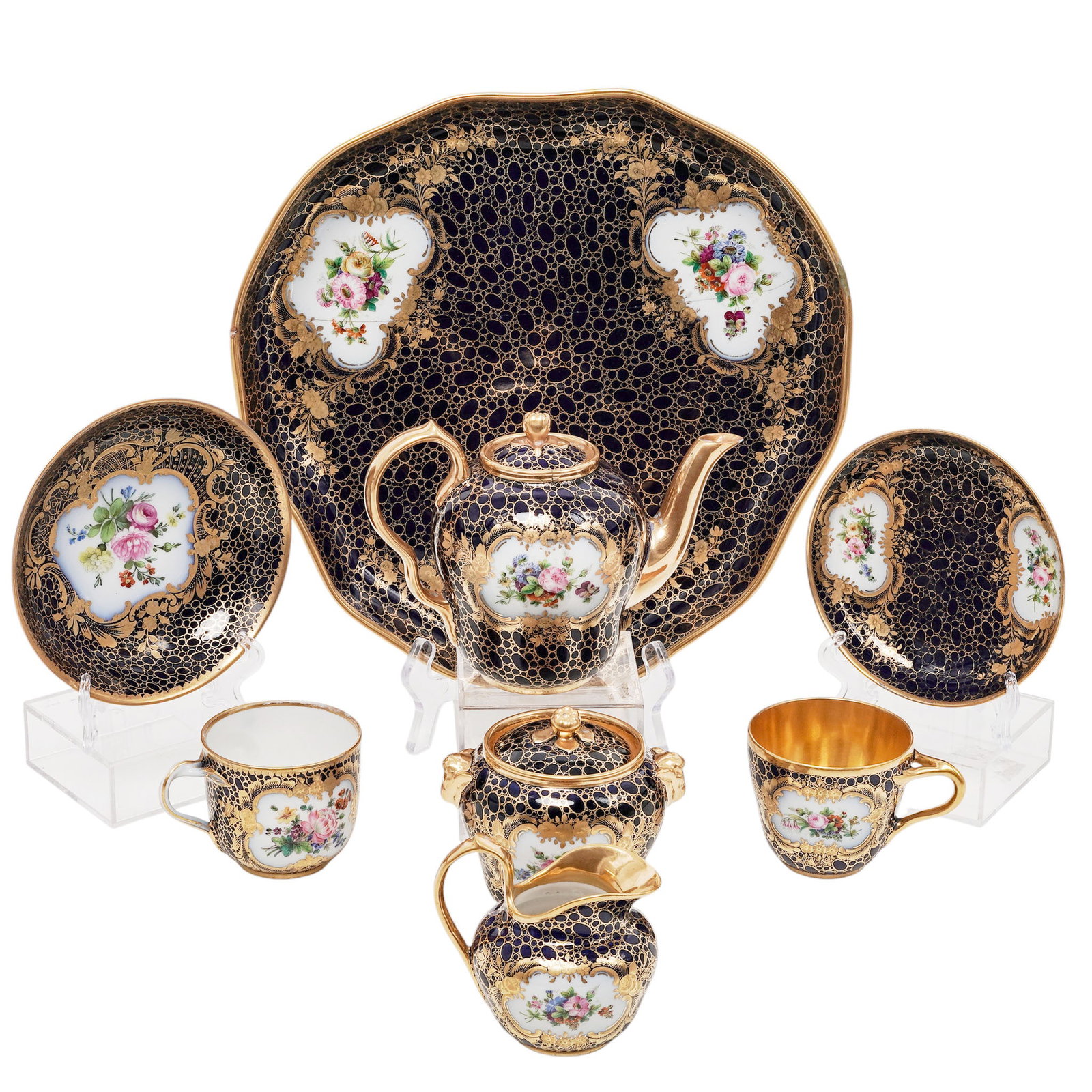 (8 pc) Imperial Porcelain Factory Caillouté Cobalt & Gilt Tea Set (1 of 6)