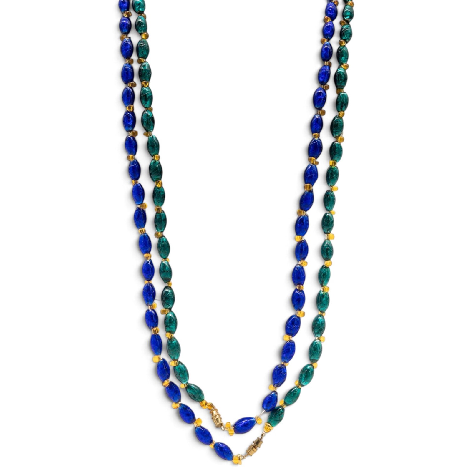 (2 Pcs) Italian Murano Foil Glass Convertible Necklace: (2 Pcs) Italian Murano Foil Glass Convertible Necklace Mid-20th century, Italian Vintage Italian Murano foil glass four-strand convertible necklace composed of cobalt blue and emerald green oval avent
