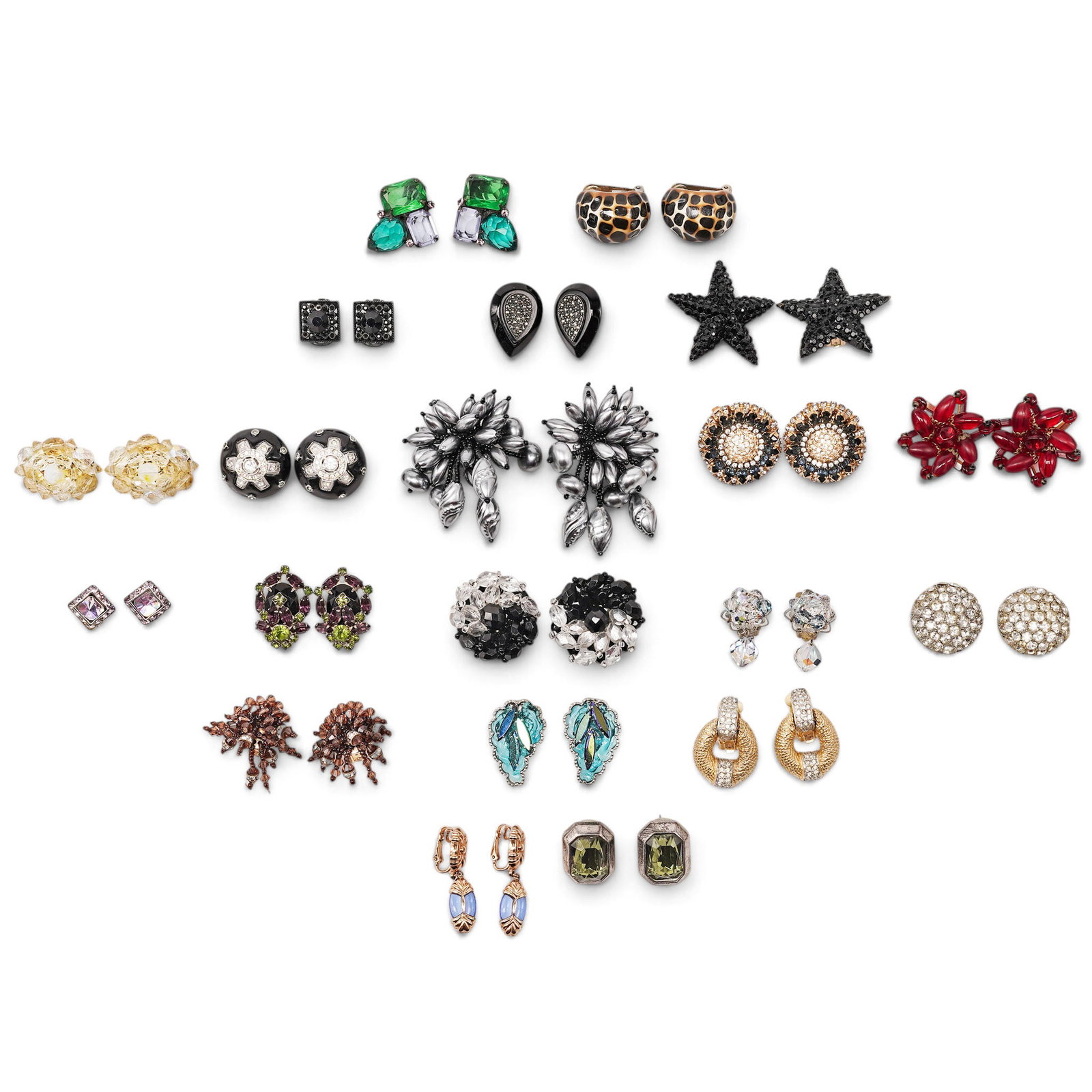 (20pc) Vintage Costume Earring Collection: (20pc) Vintage Costume Earring Collection Mid to Late 20th Cent. American, Germany The collection consists of pairs of non-pierced earrings showcasing mid-century retro designs, detailed metalwork, fa