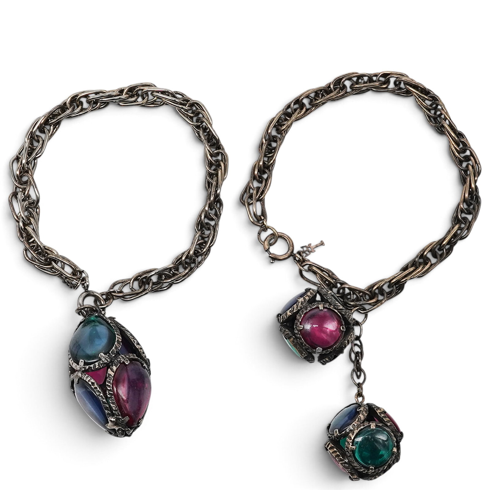 (2pc) Crown Trifari "Renaissance" Glass Bracelets By Alfred Philippe: (2pc) Crown Trifari "Renaissance" Glass Bracelets By Alfred Philippe Mid 20th Cent. American Crown Trifari Renaissance stained glass egg charm 2-piece bracelet lot, designed under the direction of Alf