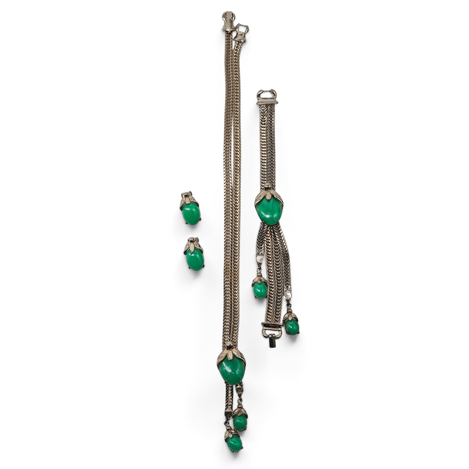 (3pc) Mid 20th Cent. Gold-Tone Mesh & Chrysoprase Set (1 of 10)