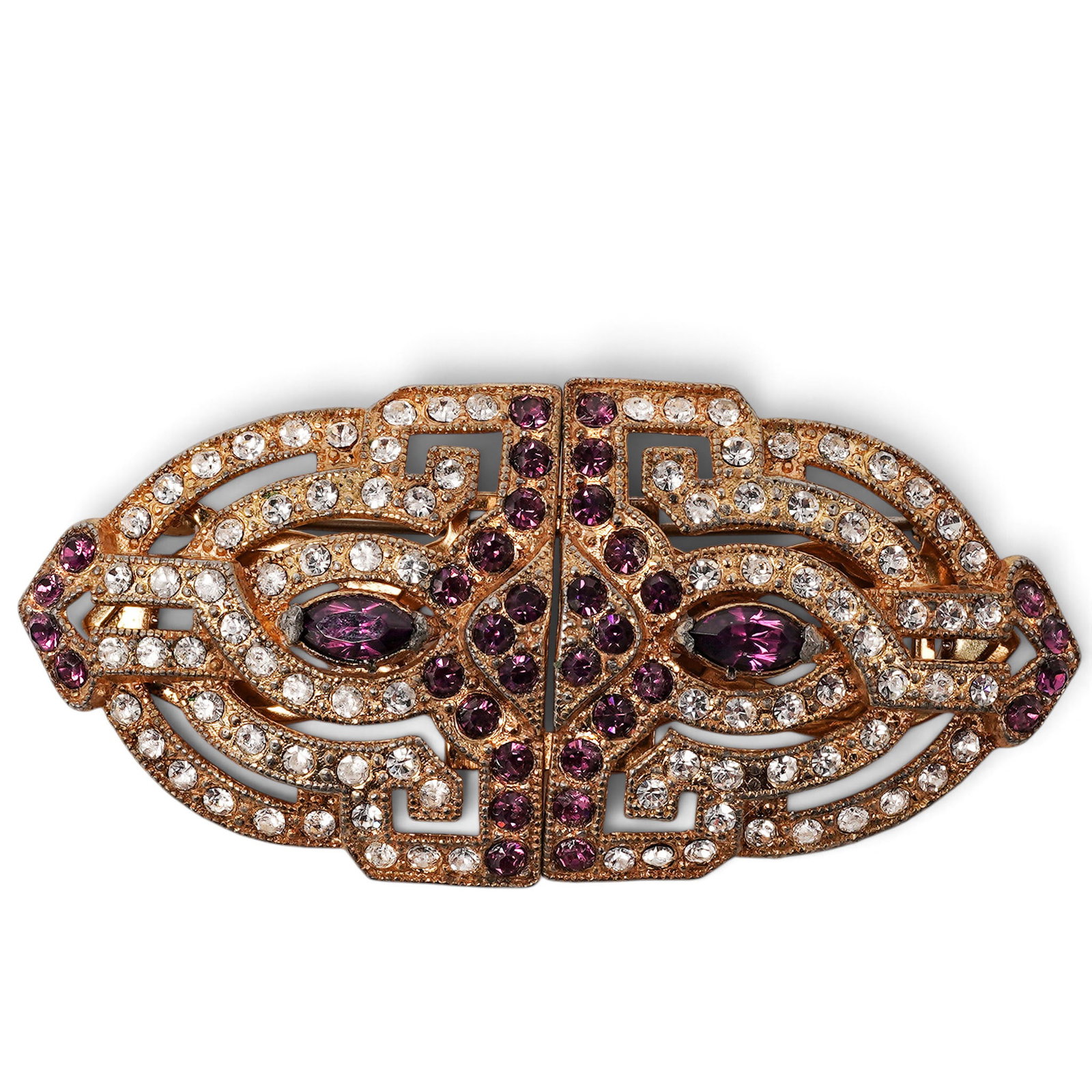 Corocraft Art Deco Gold-Tone & Rhinestone Duette Brooch: Corocraft Art Deco Gold-Tone & Rhinestone Duette Brooch 1940s, USA Corocraft convertible Duette brooch composed of two mirrored gold-tone dress clips with openwork geometric scroll motifs, round clear