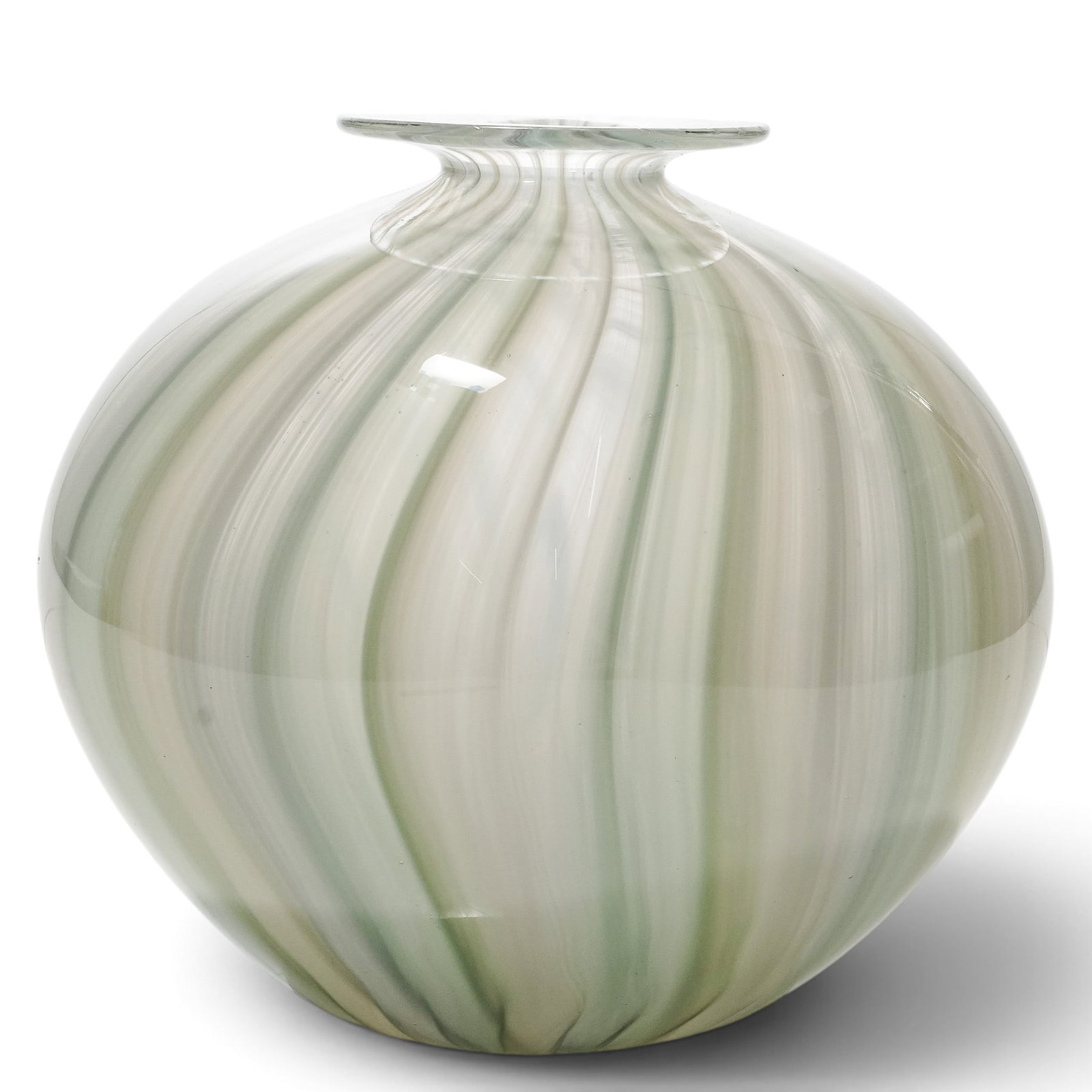 Vintage Murano Glass Vase: Vintage Murano Glass Vase 20th century, Italian Vintage Murano art glass vase of rounded, flattened globular form with a wide, flared collar rim, executed in a translucent pale green opaline ground wi