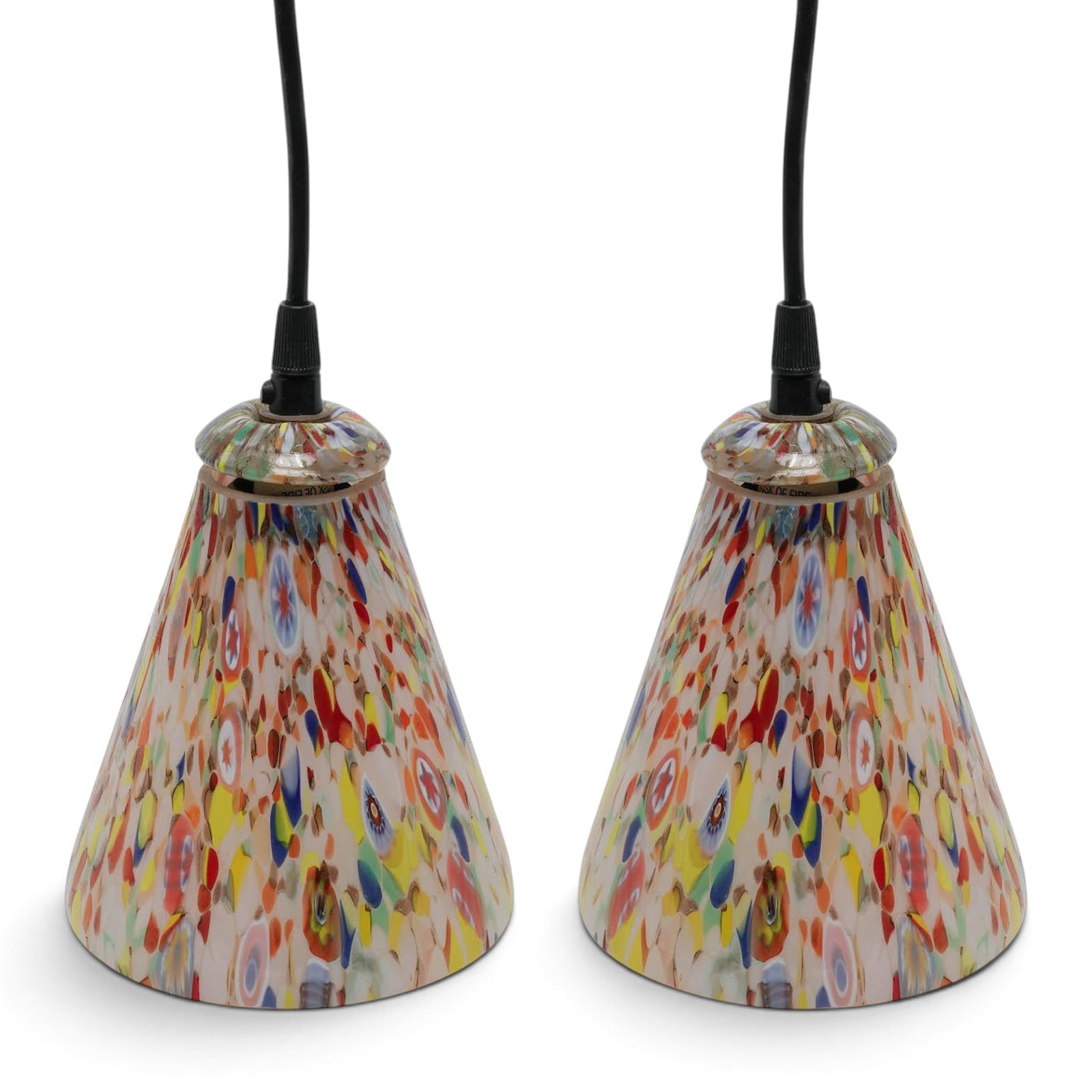 Pair of Art Glass Millefiori Glass Pendant Lights: Pair of Art Glass Millefiori Glass Pendant Lights Mid 20th Cent, Likely Italy Pair Murano style glass iridescent pendant lights, in the millefiori style. Bright marbled blues, greens, and slow contras