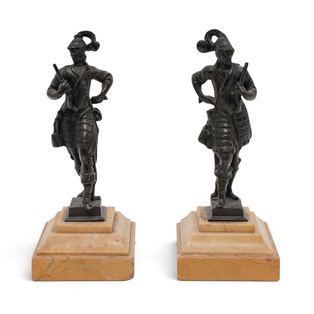 Pair Antique French Bronze Soldiers On Sienna Marble Bases: Pair Antique French Bronze Soldiers On Sienna Marble Bases 19th century, French Pair of bronze French Neo-Renaissance style soldier figurines on Sienna marble base, traditionally paired as part of a c
