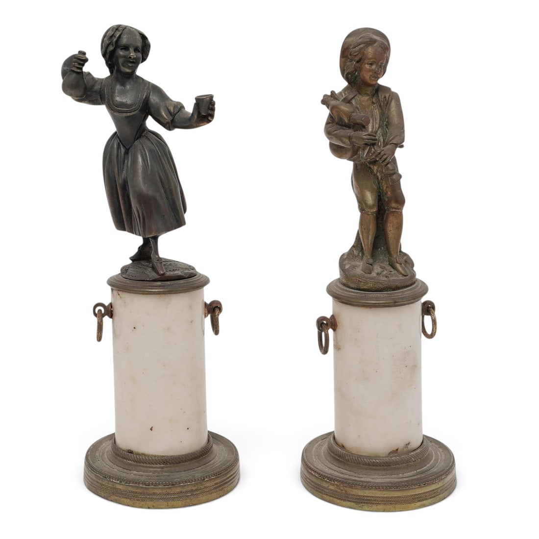 Pair French Bronze and Marble Statuettes: Pair French Bronze and Marble Statuettes 19th century, French Antique French figural sculptures modeled as a young boy and girl in rustic period attire. The female figure is cast in a lively stance, h