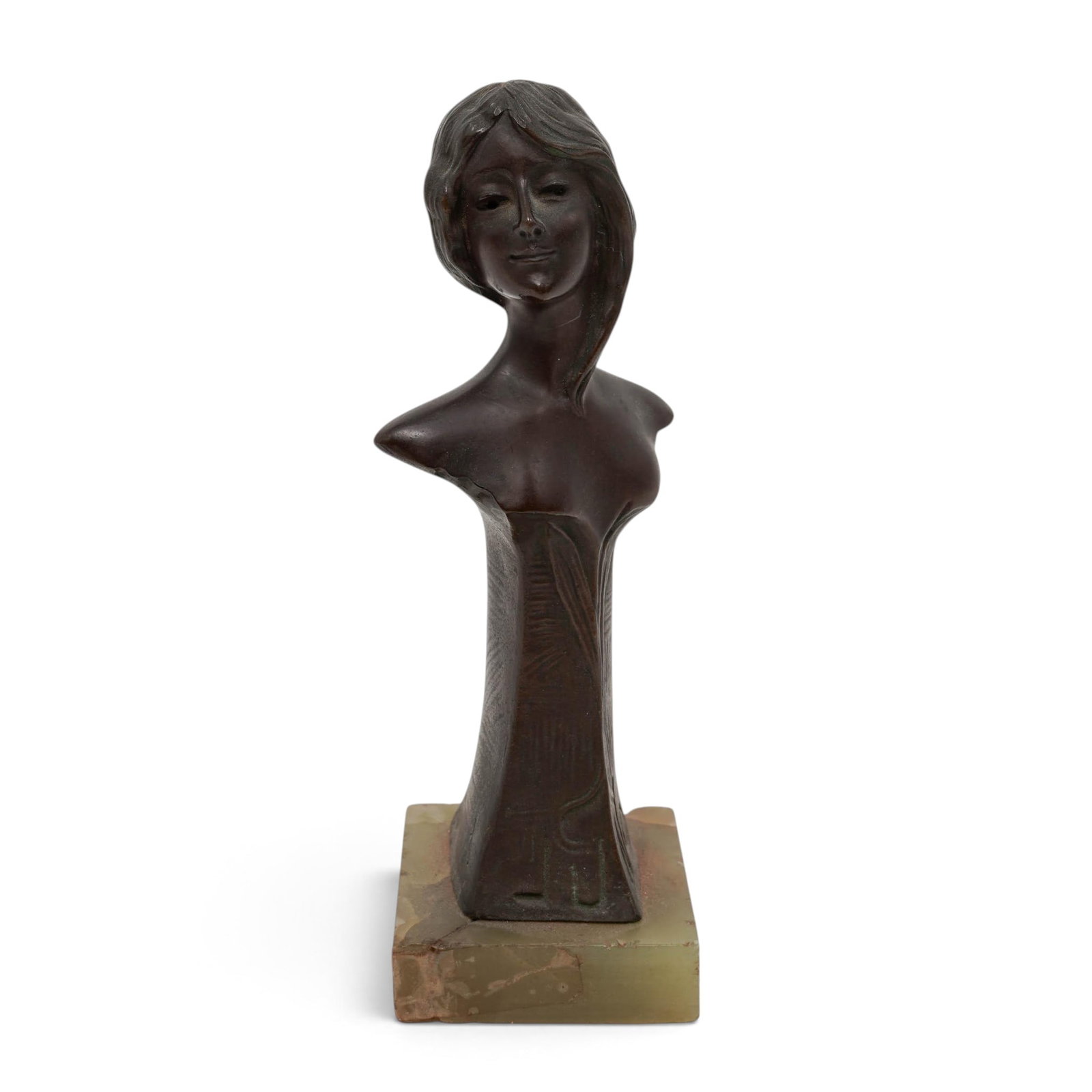 Art Nouveau Bronze Bust: Art Nouveau Bronze Bust Early 20th century, European Art nouveau bronze female bust sculpture, wax seal stamp (or desk seal), depicting a stylized bust of circa 1900–1910. It features characteristic