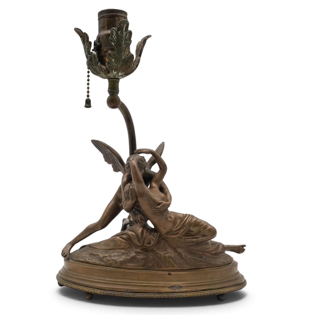 Art Nouveau Bronze Fairy Lamp: Art Nouveau Bronze Fairy Lamp early 20th century, European Antique table lamp features figural bronze winged cherubs in Art Nouveau style. The base depicts cherub and nymph embracing, often associated