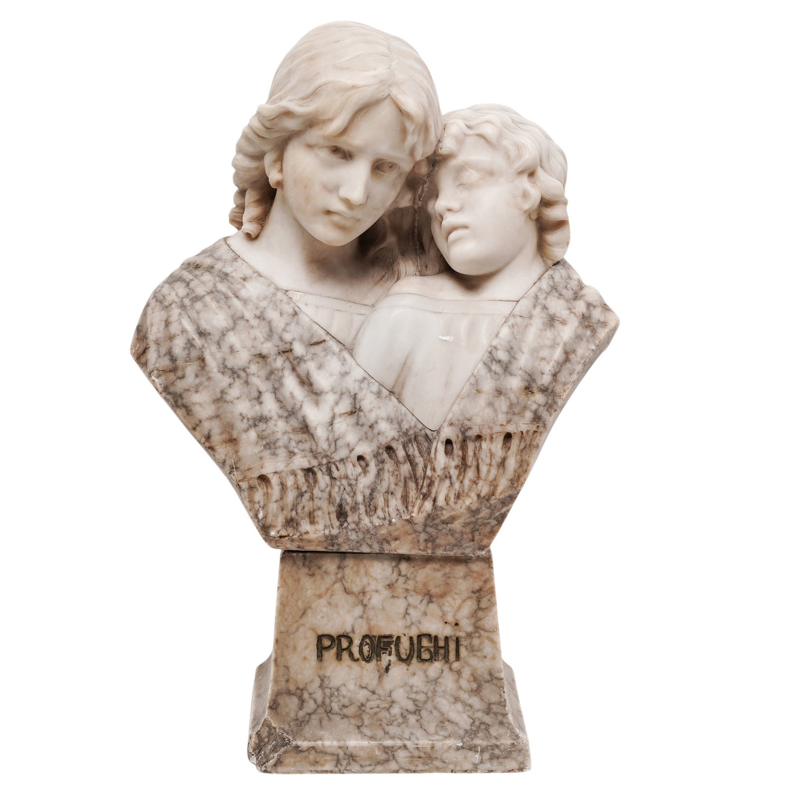 Ex Doyle Antique Marble & Alabaster "Profughi" Sculpture: Ex Doyle Antique Marble & Alabaster "Profughi" Sculpture Circa 1900. Italian This Italian Art Nouveau sculpture depicts a tender and melancholy embrace between two young figures, rendered in a strikin