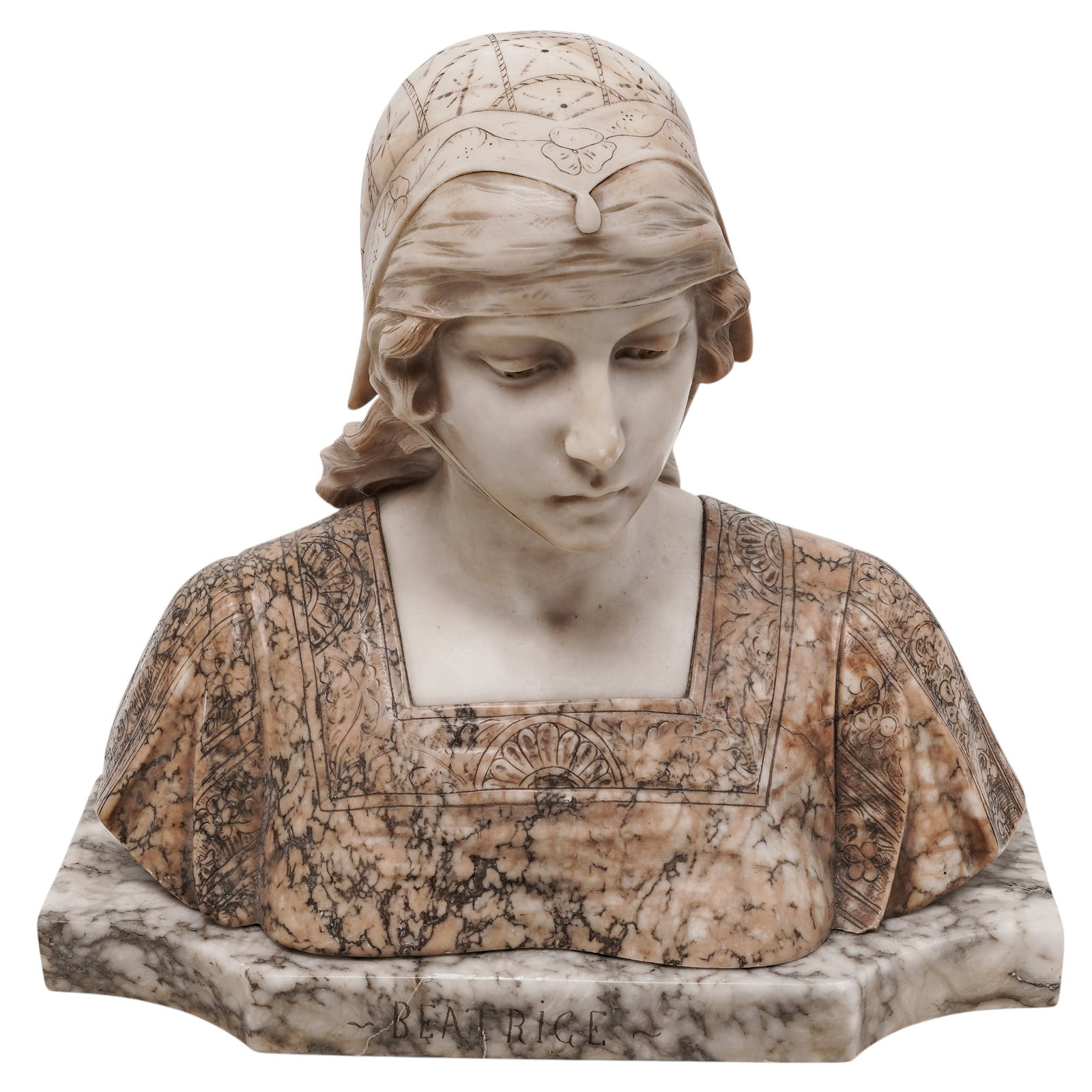 Gustave Van Vaerenbergh (Belgian, 1873–1927) "Beatrice" Marble & Alabaster Bust: Gustave Van Vaerenbergh (1873–1927) was a prominent Belgian sculptor renowned for his elegant female and child busts. He remains highly recognized for his contributions to the Art Nouveau movement i