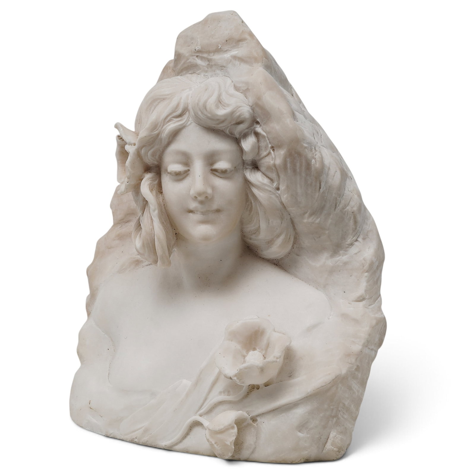 Art Nouveau Large White Marble Female Bust Sculpture: Art Nouveau Large White Marble Female Bust Sculpture Late 19th-century, Italian Art Nouveau period white marble bust, featuring a female figure with flowers, reminiscent of works by artists such as Et