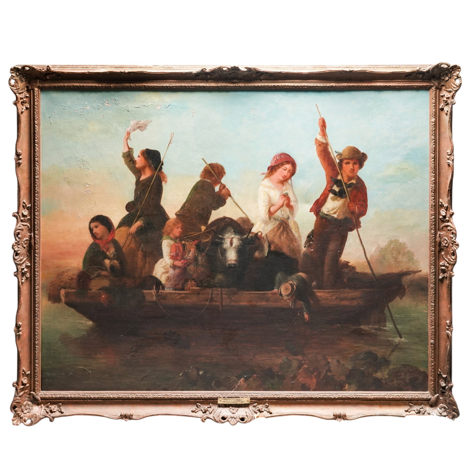 William J. Perry (British, 19th Cent) "The Ferry Boat" Oil On Canvas Painting: William J. Perry (British, 19th Cent) "The Ferry Boat" Oil On Canvas Painting 1860, English The scene depicts six figures packed onto a wooden ferry boat as it navigates across a body of water. The ba