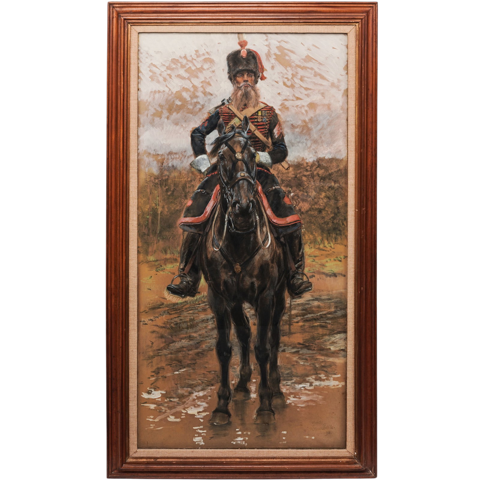 Edouard Jean Baptiste Detaille (French, 1848-1912) 'Mounted Hussar' Mixed Media on Paper: Edouard Jean Baptiste Detaille (French, 1848-1912) 'Mounted Hussar' Mixed Media on Paper Early 20th Century, France Gouache, charcoal, and pastel on paper laid on canvas by renowned French military pa