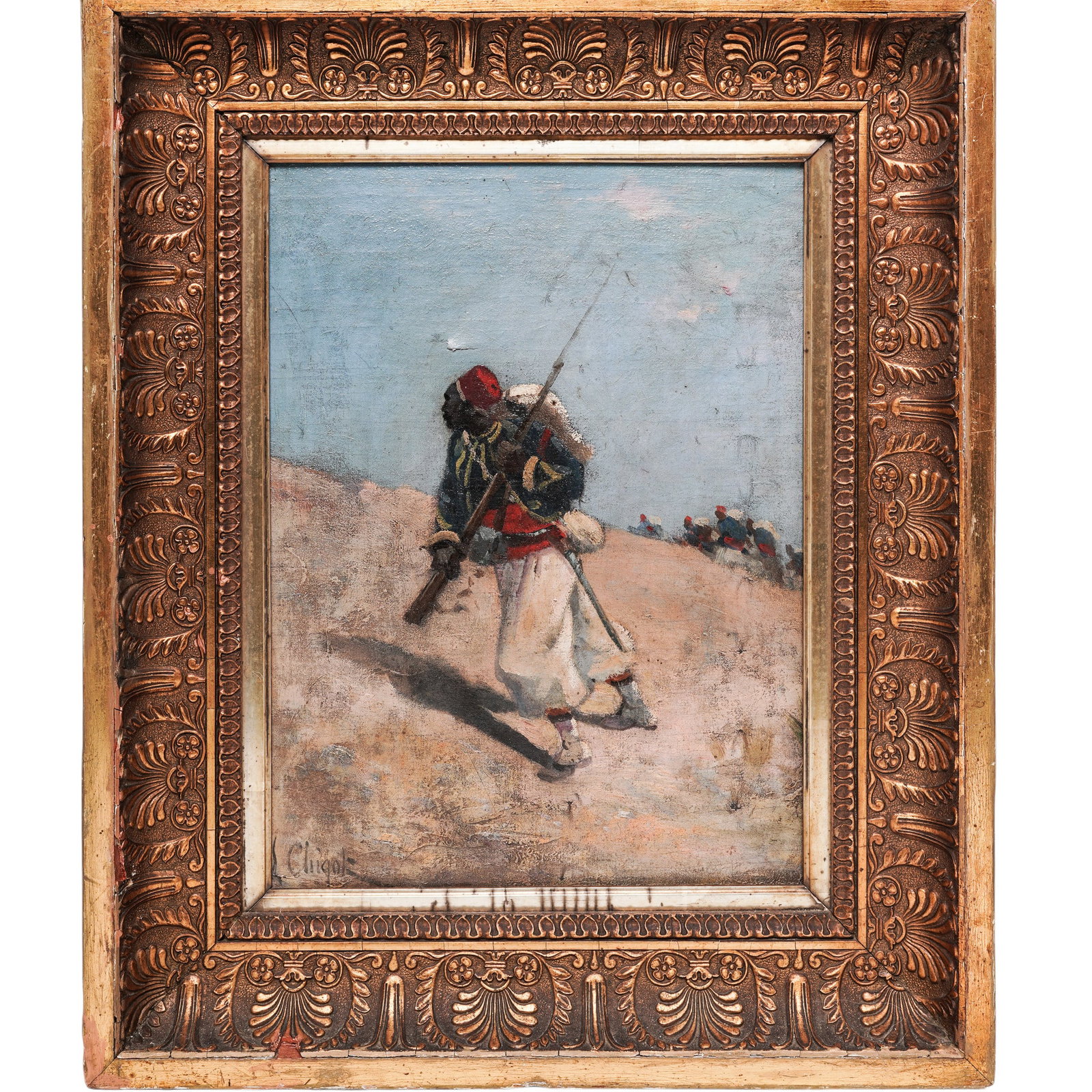 Alphonse Chigot (French, 1824–1917) "Figures in Desert" Oil on Canvas: Alphonse Chigot (French, 1824–1917) "Figures in Desert" Oil on Canvas late-19th-early-20th century, French Oil on canvas painting titled "Figures in Desert" by French military artist Alphonse Chigot