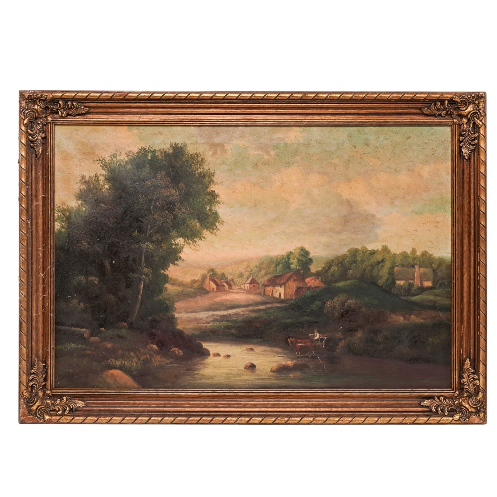 Signed English River Landscape, Oil On Canvas: Signed English River Landscape, Oil On Canvas Late 19th Century, USA Pastoral river landscape depicting a tranquil stream winding through a rural English village with cottages, mature trees, and figur