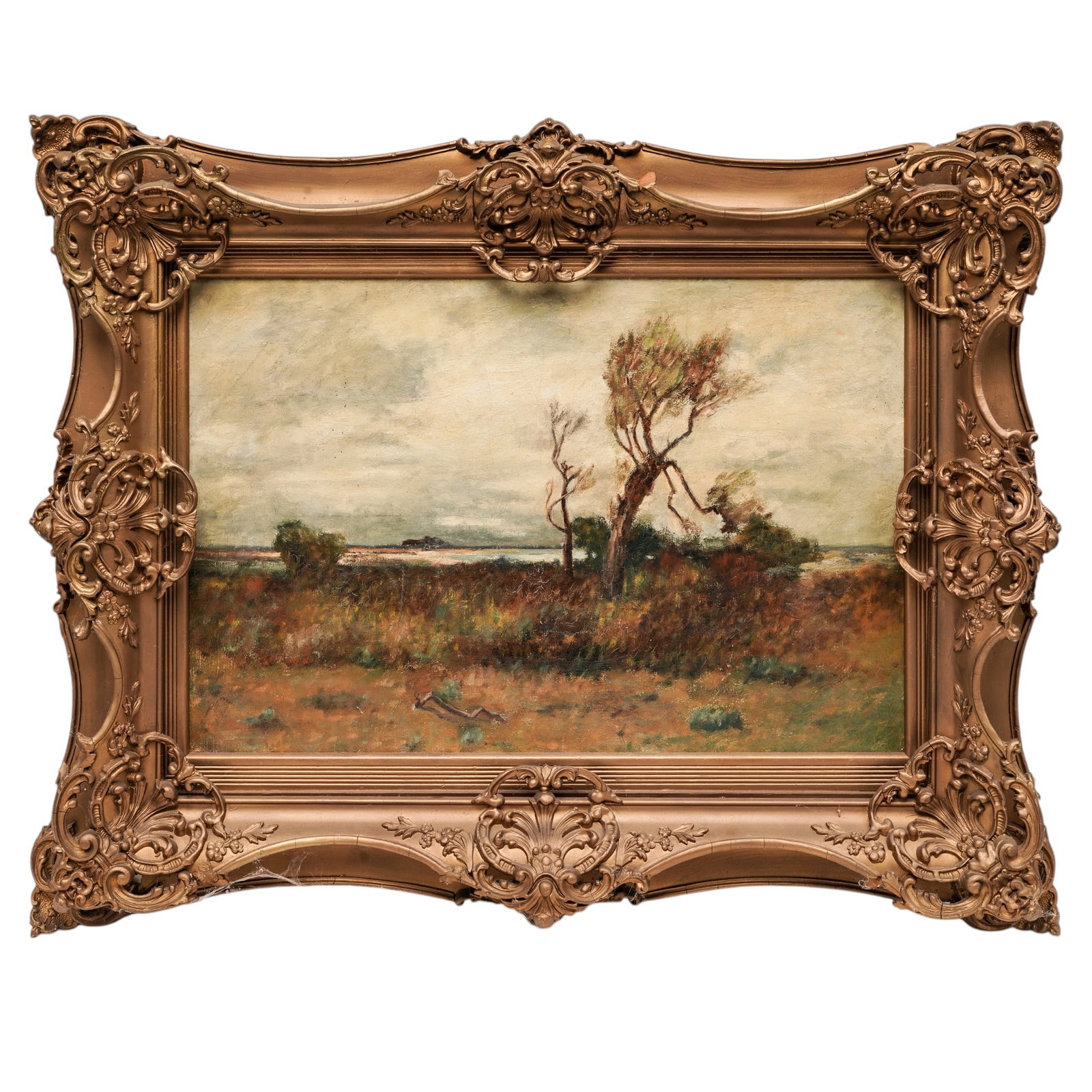 Antique Landscape Oil Pointing: Antique Landscape Oil Pointing 19th Century, Europe An antique oil on canvas depicting an expansive marshland landscape with windswept trees beneath a dramatic overcast sky, executed in the Realist tr
