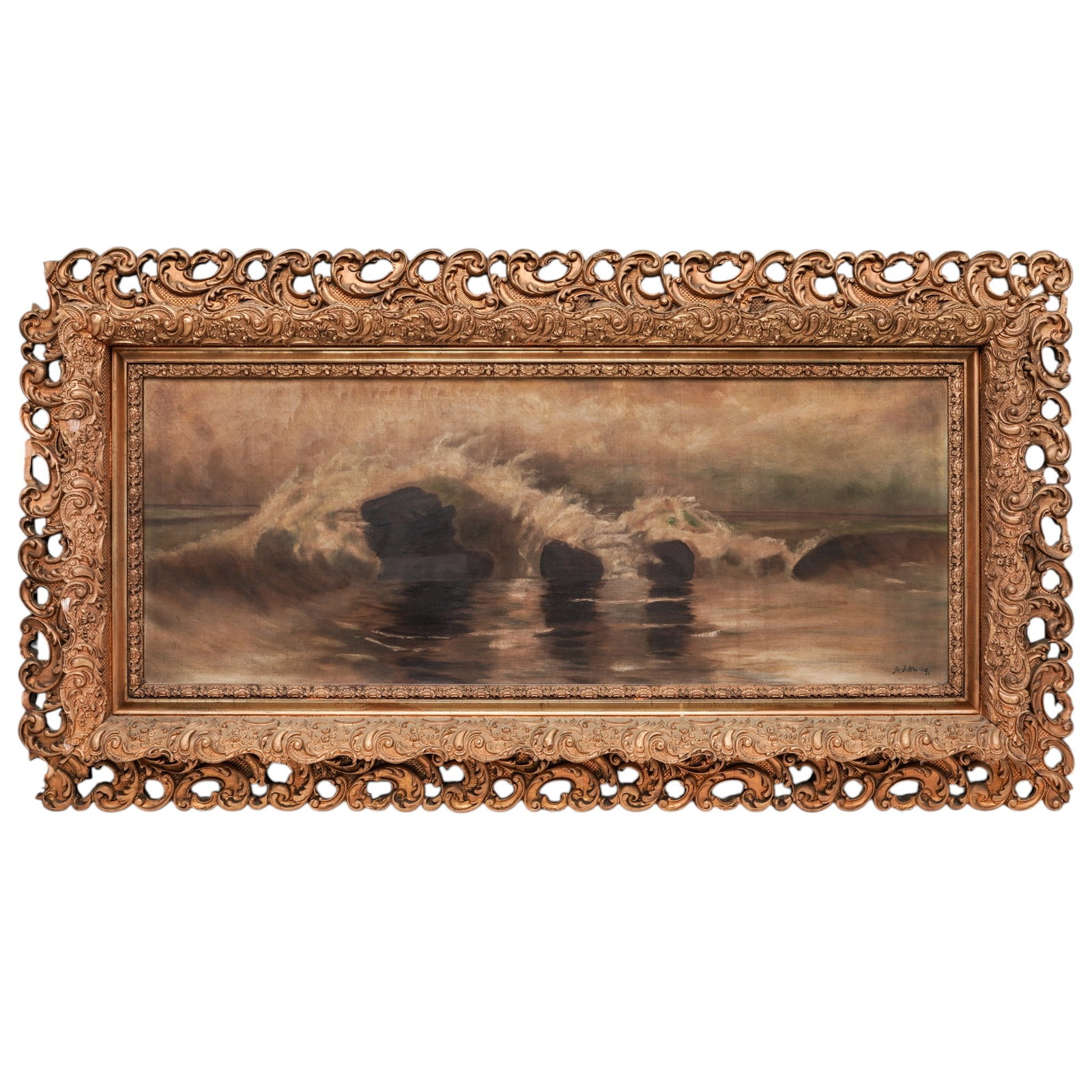 Signed 'Crashing Surf', Oil on Canvas Painting: Signed 'Crashing Surf', Oil on Canvas Painting Late 19th Century, Continental Atmospheric seascape depicting powerful waves crashing against a rocky shoreline beneath an overcast sky, the foaming