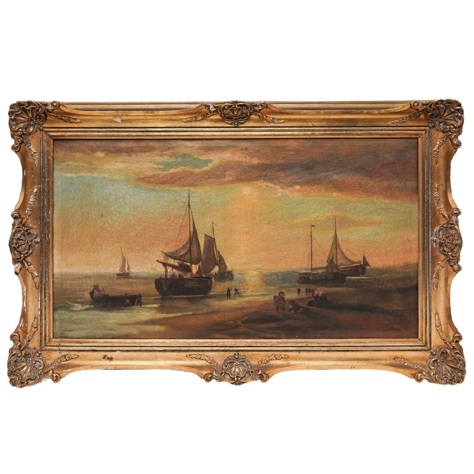 J.Morik Maritime Scene, Oil on Canvas Painting: J.Morik Maritime Scene, Oil on Canvas Painting 1875, Europe Maritime harbor scene depicting sailing vessels and small boats gathered in calm coastal waters beneath a warm, atmospheric sky. Signed and 