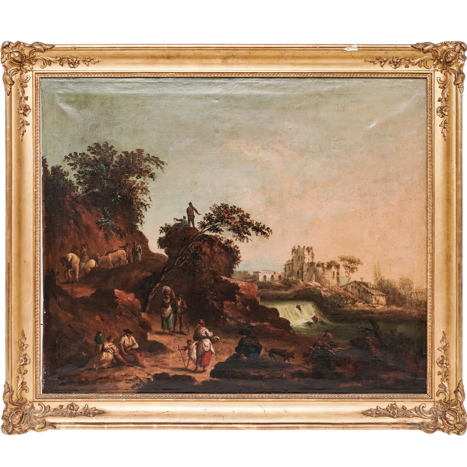 Antique Italian Landscape Oil Painting: Antique Italian Landscape Oil Painting Late 19th Century, Italy An antique oil on panel depicting an Italianate landscape with travelers gathered along a winding path amid rocky outcroppings,