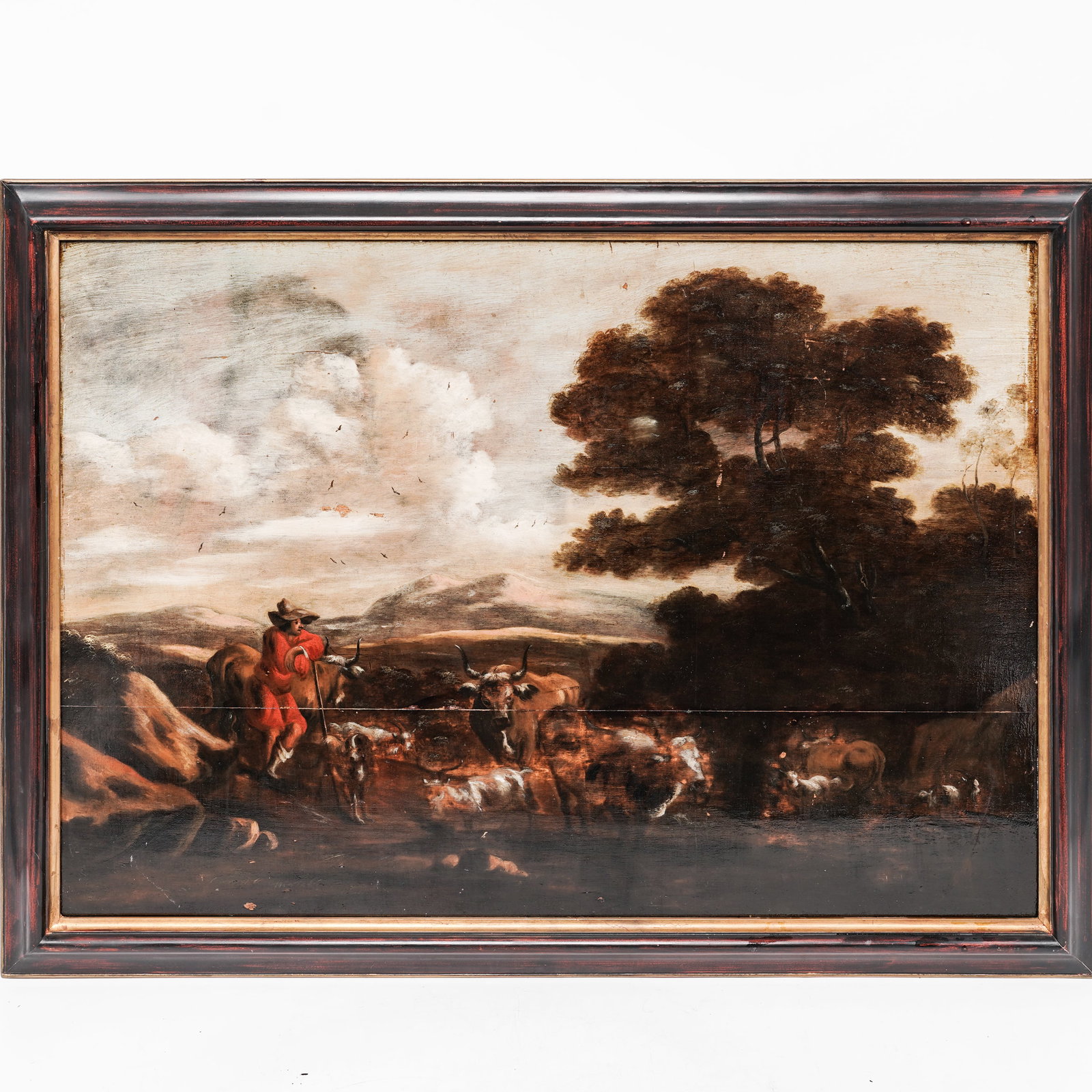 Antique Dutch Pastoral Landscape Oil On Panel: Antique Dutch Pastoral Landscape Oil On Panel 19th Century, Netherlands Antique Dutch School oil on panel depicting a pastoral landscape with figures crossing a shallow river by horse-drawn cart