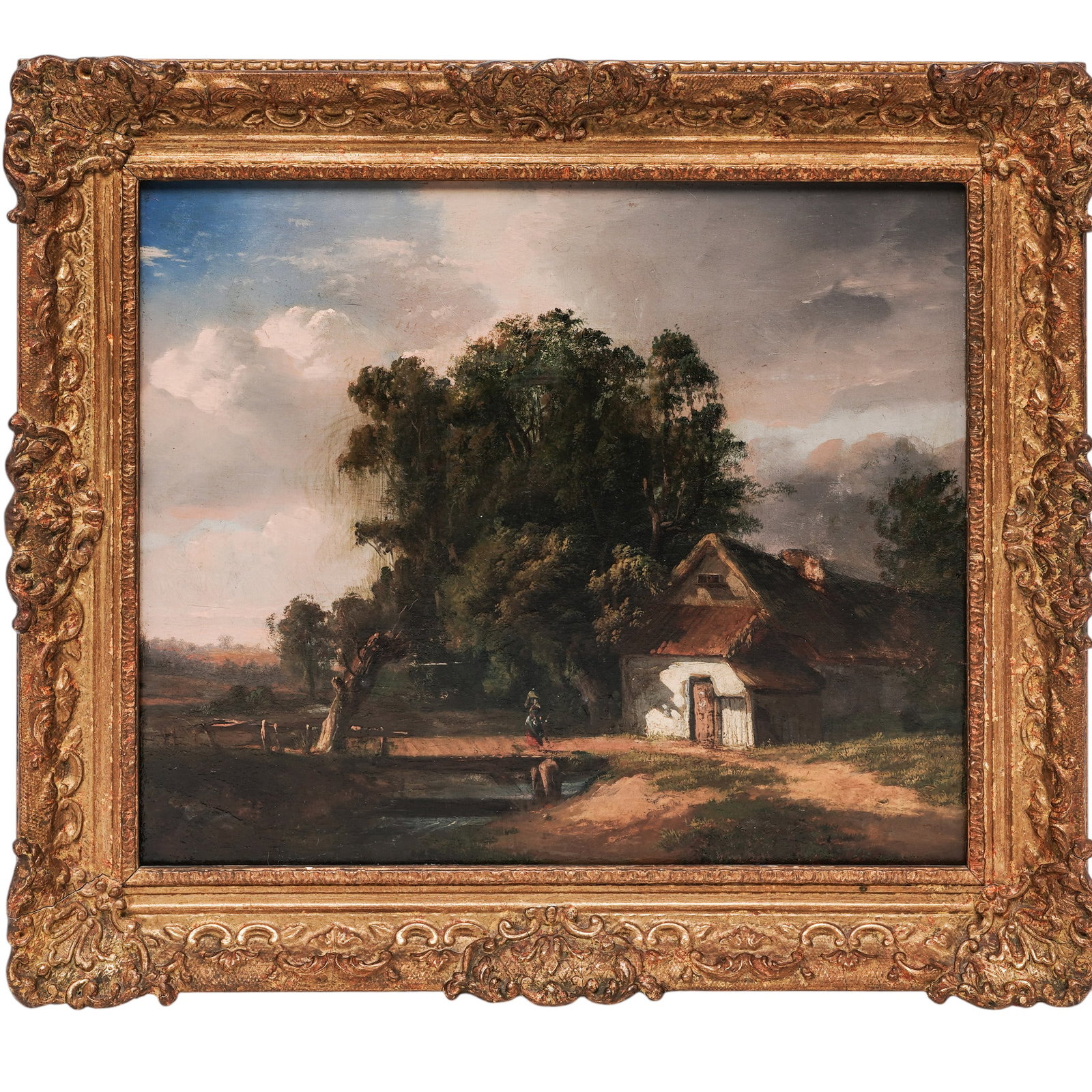 19th Cent. European School Landscape Oil On Board Painting: 19th Cent. European School Landscape Oil On Board Painting 19th Cent., European This oil painting depicts a rustic 19th-century pastoral landscape featuring a thatched-roof cottage nestled beneath a d
