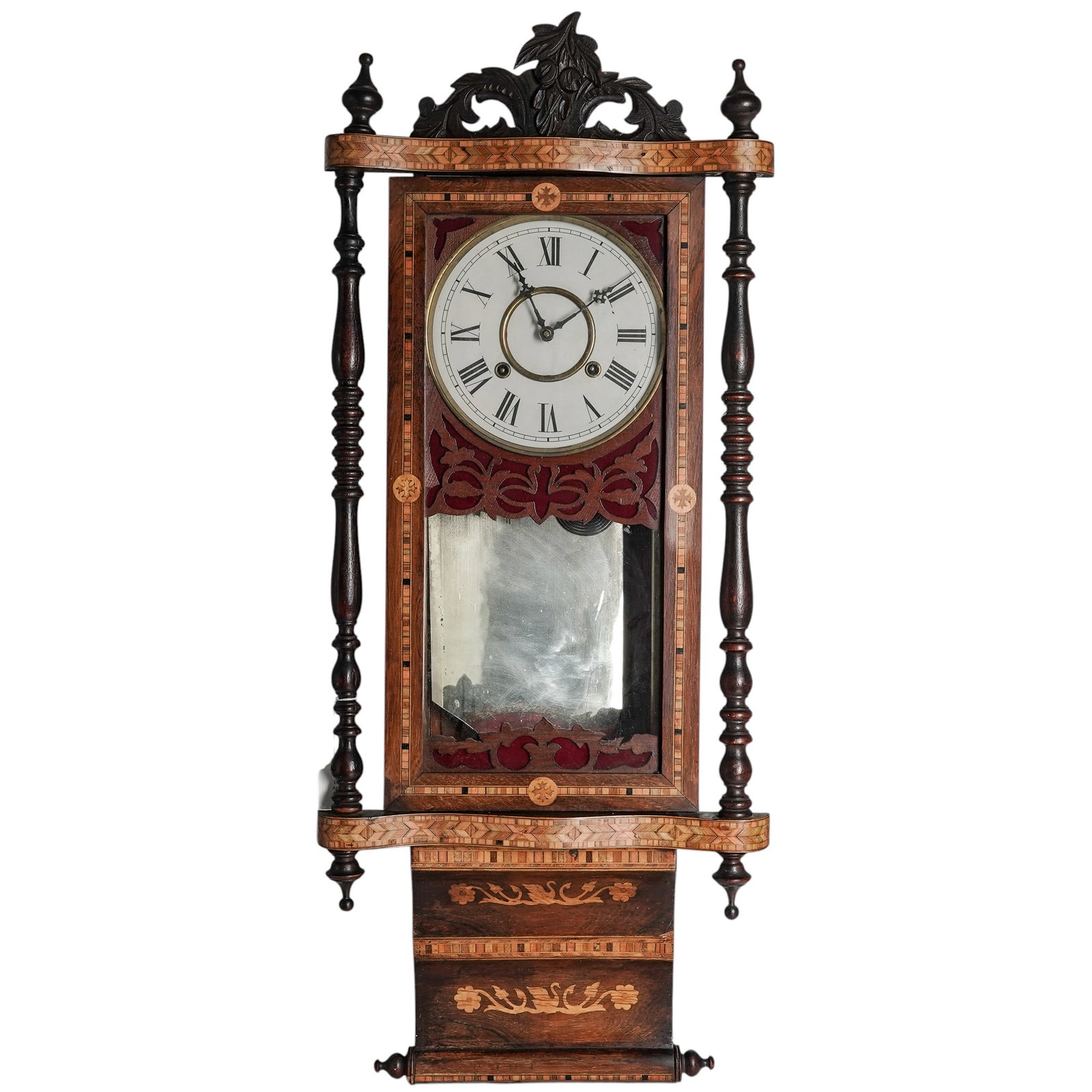 Victorian New Haven Anglo-American Wall Clock: Victorian New Haven Anglo-American Wall Clock Late 19th Century, England Late 19th-century Anglo-American wall clock featuring an English-made mahogany, oak, and pine case with intricate marquetry inl