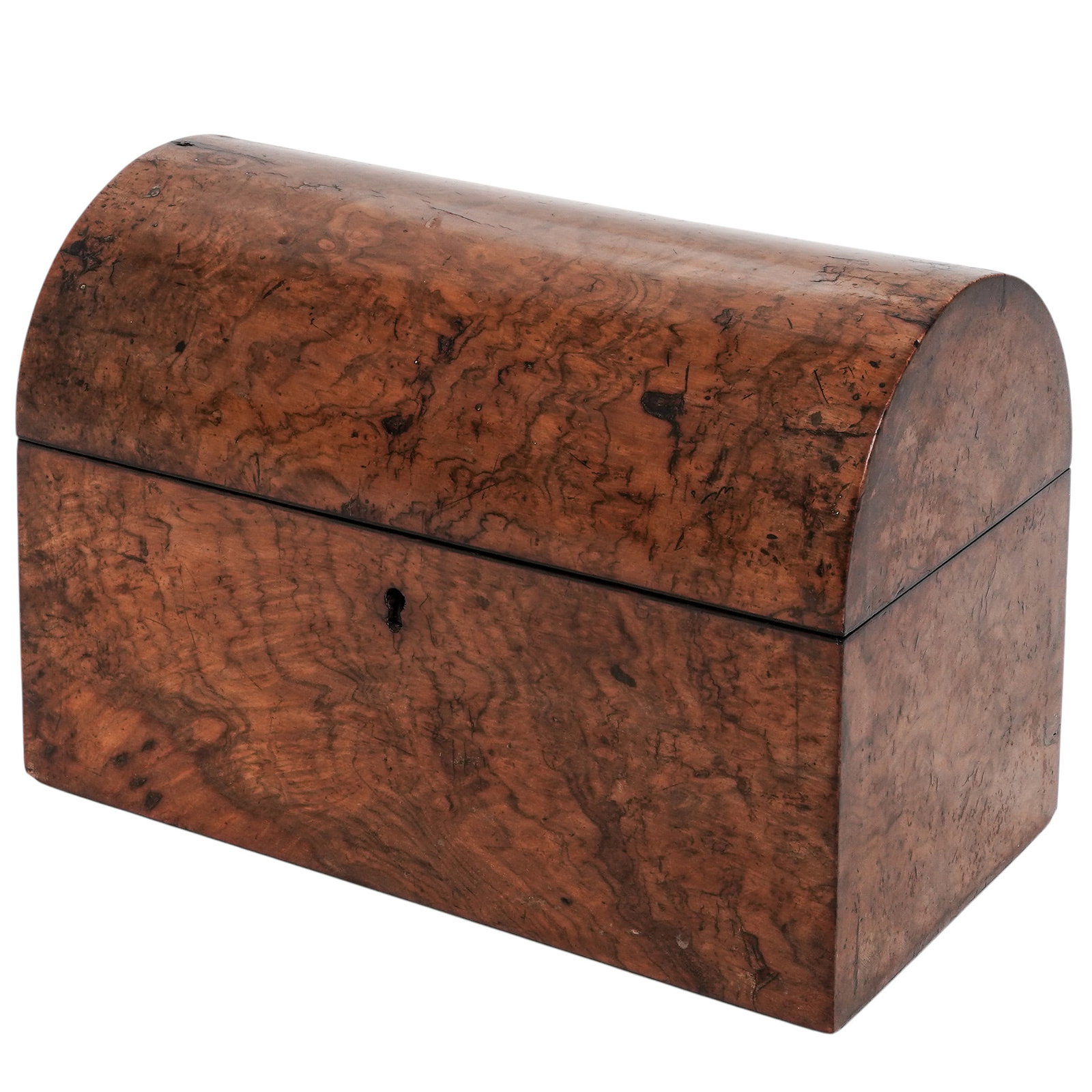 19th Cent. Dome Burl Walnut Tea Caddy: 19th Cent. Dome Burl Walnut Tea Caddy c. 1820-1860, European This antique 19th-century dome top tea caddy is crafted from burl walnut and features a prominent, vibrant root grain pattern. The box is d