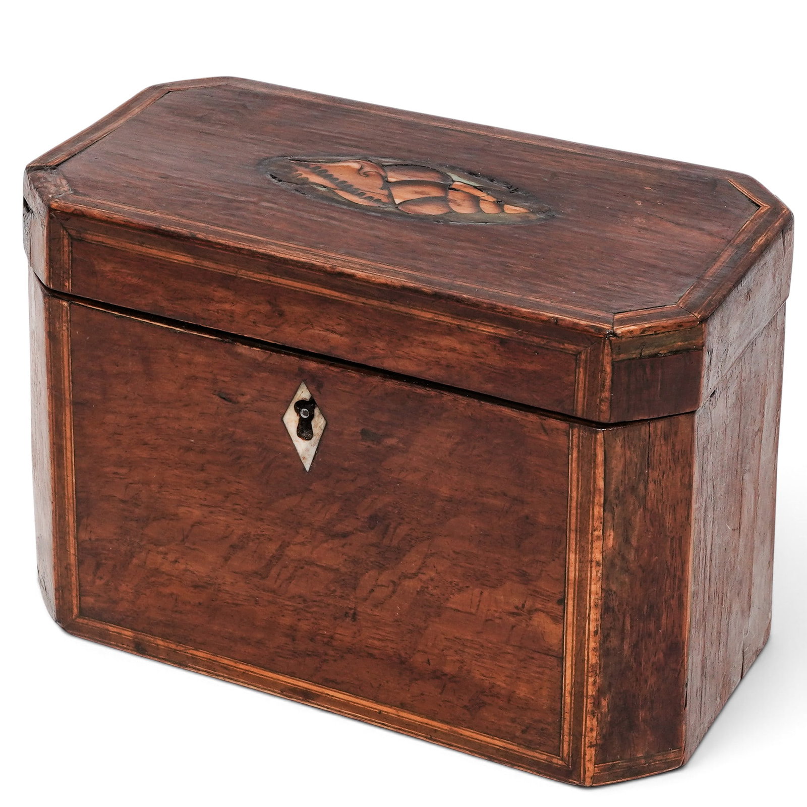Georgian Mahogany Conch Inlay Tea Caddy: Georgian Mahogany Conch Inlay Tea Caddy Late 19th - Early 19th Cent, England This antique Georgian mahogany tea caddy features an octagonal form with a hinged lid and a finely inlaid conch shell motif
