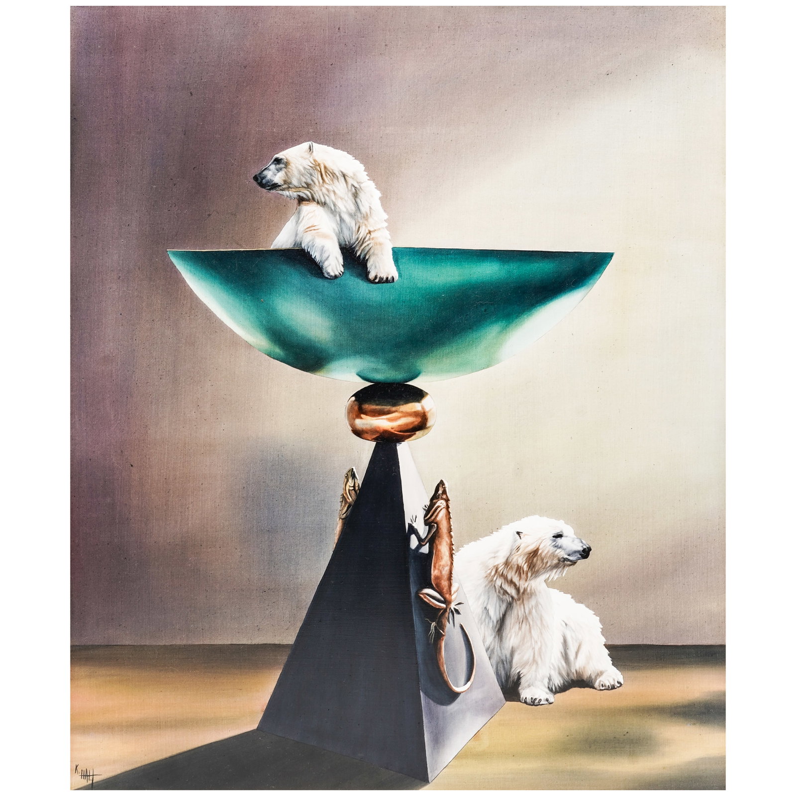 Karen Halt (American, b. 1946) Polar Bears & Lizards Acrylic on Panel: Karen Halt (American, b. 1946) Polar Bears & Lizards Acrylic on Panel Late 20th - 21st Cent, USA This surrealist acrylic painting by Karen Halt features two polar bears interacting with a geometric sc